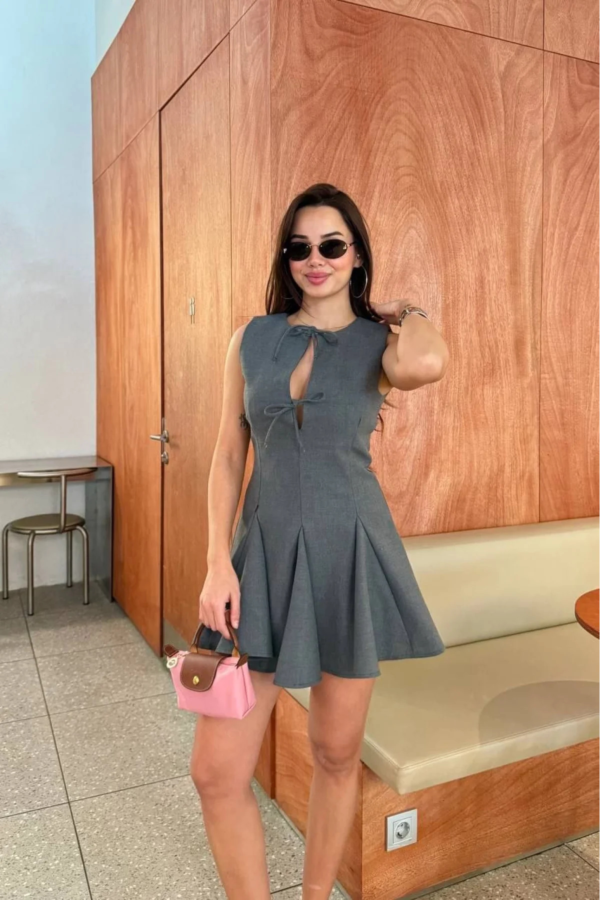 Bağcık detaylı Kolsuz Mini Elbise - Antrasit