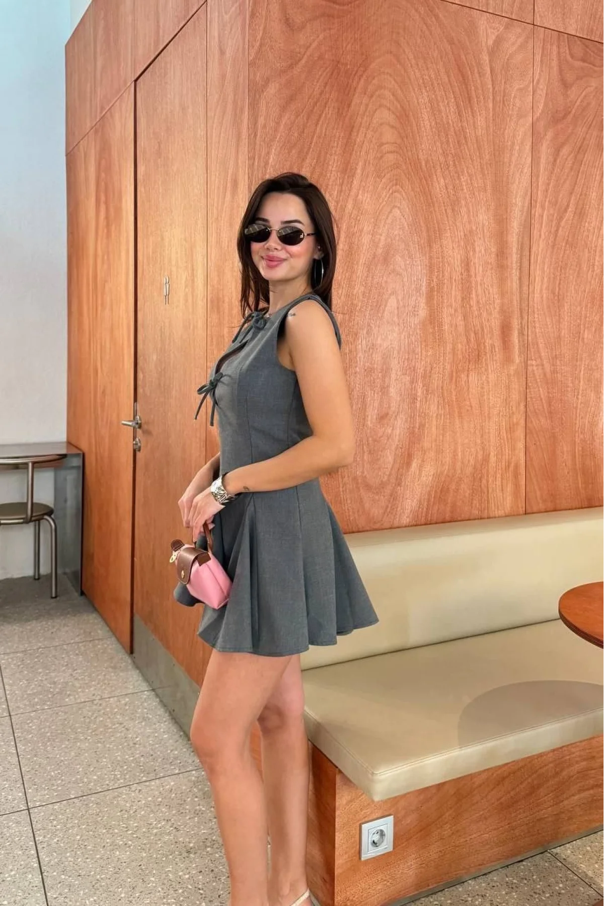 Bağcık detaylı Kolsuz Mini Elbise - Antrasit