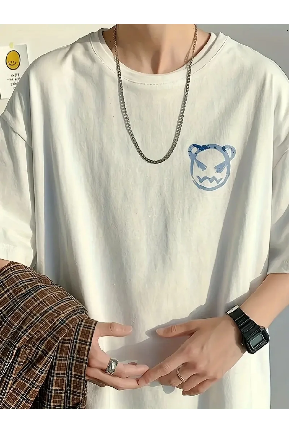 20/1 Penye Compack Bisiklet Yaka Kore tarzı sevimli ayı baskı Kısa Kol Erkek t-shirt - Beyaz