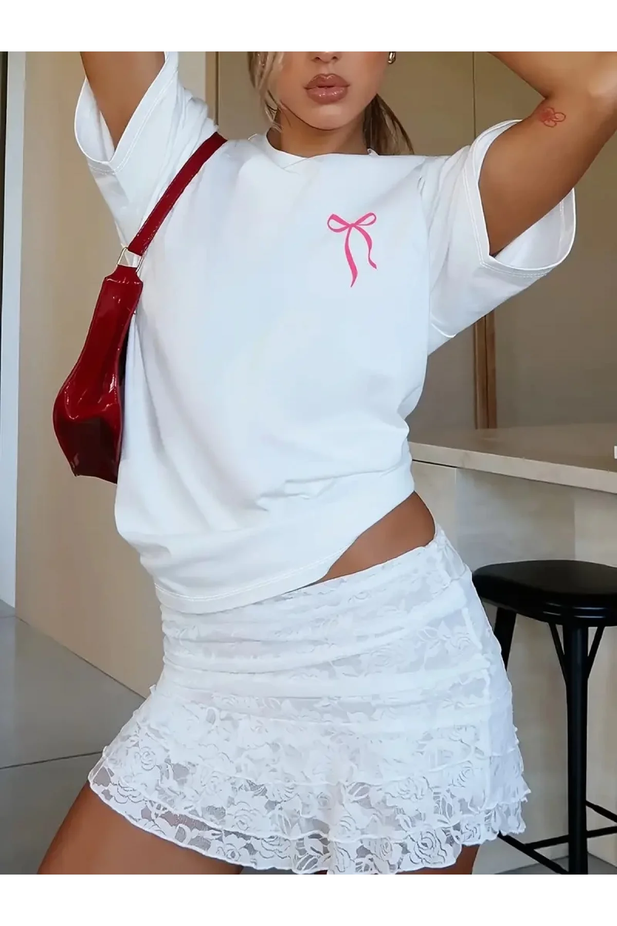 Fiyonk Ön Arka Baskılı Oversize Bisiklet Yaka T-shirt Yazlık - Beyaz