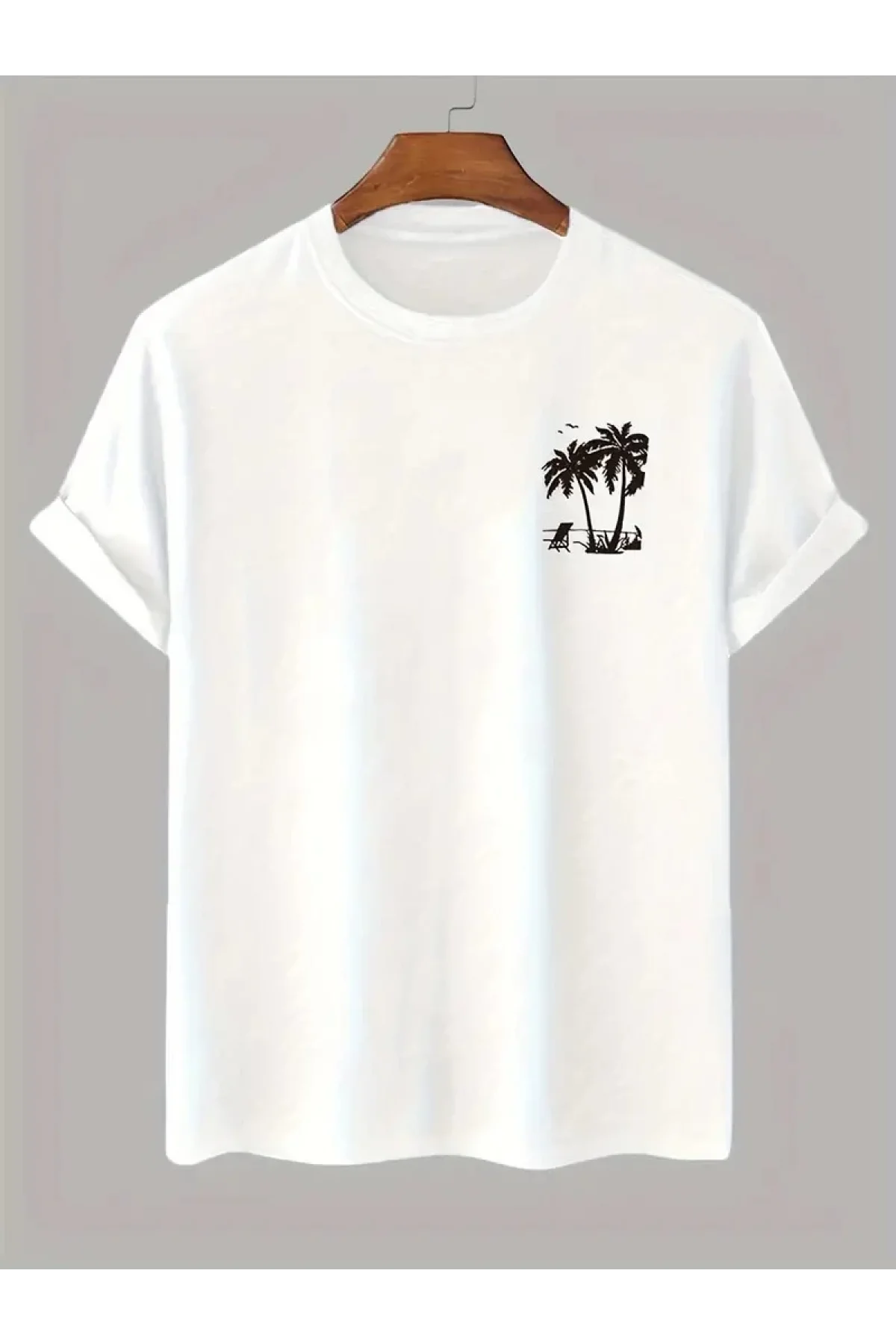 20/1 Penye Compack Palmiye Baskılı Oversize Bisiklet Yaka Kısa Kol T-shirt - Beyaz