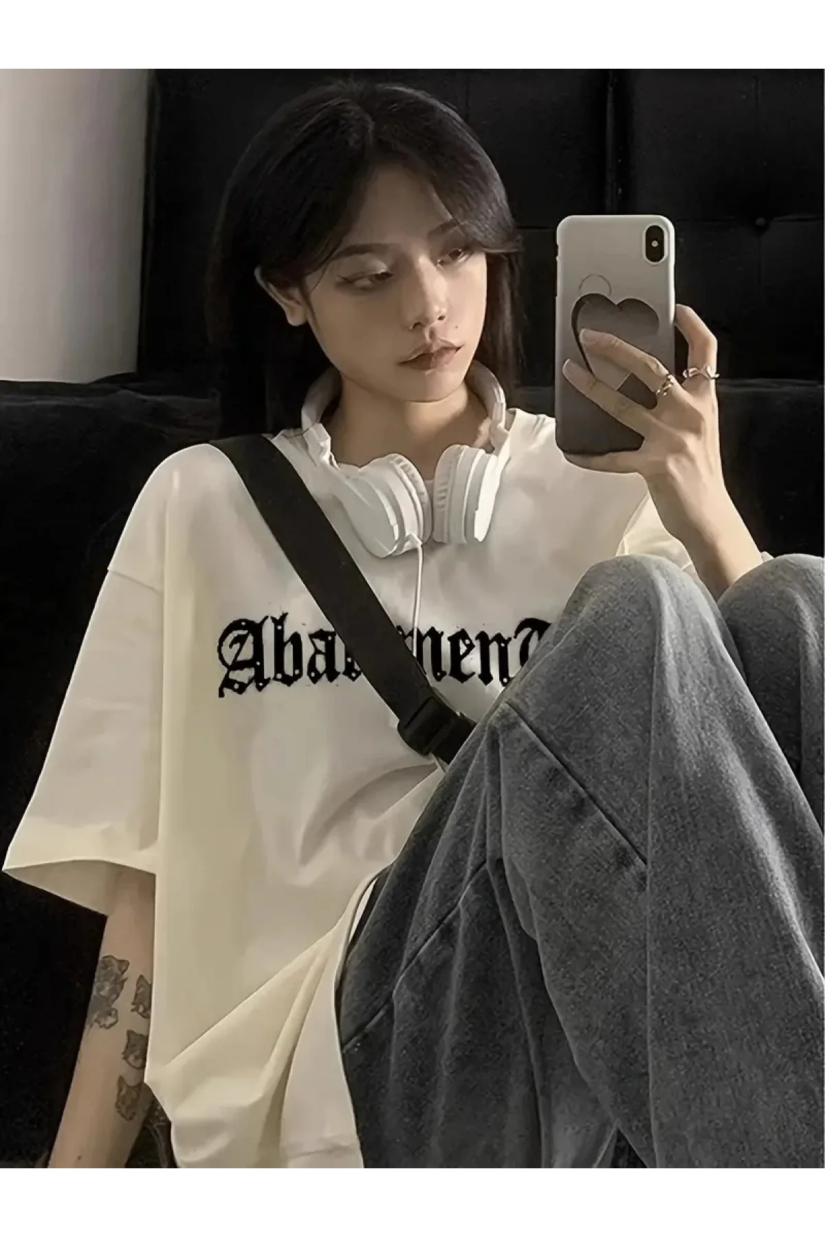 Örümcek Ağı Desenli Baskılı Oversize Bisiklet Yaka T-shirt  - Beyaz