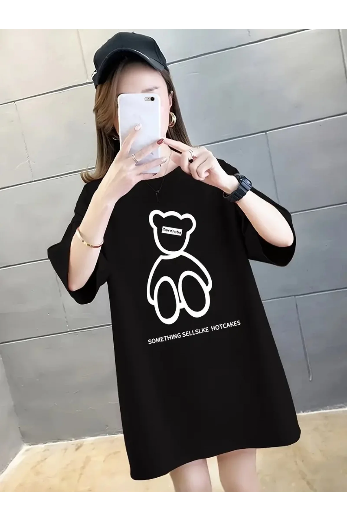 20/1 Penye Compack Ön Arka Baskılı Oversize Bisiklet Yaka T-shirt - Siyah