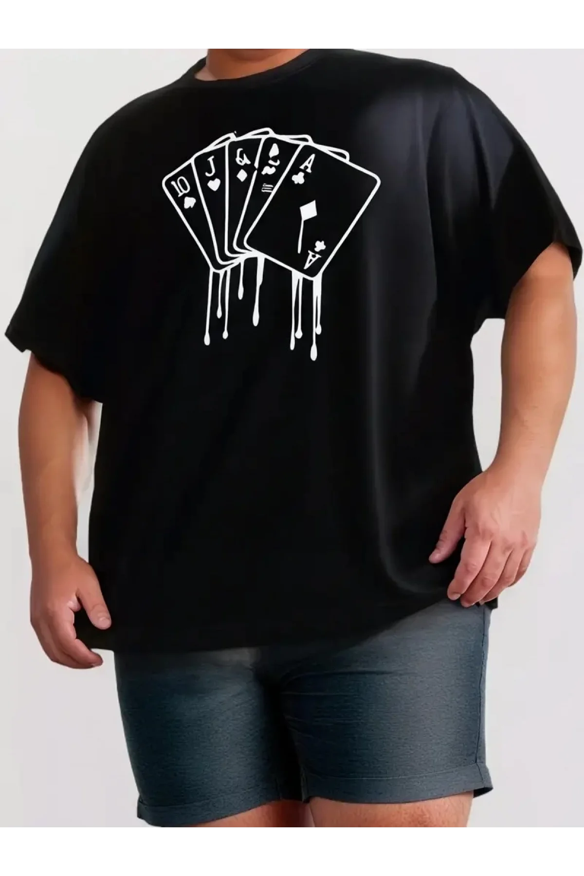 erkek büyük beden Kart baskılı düz renk kısa kollu bisiklet yaka tişört gündelik giyim - Siyah