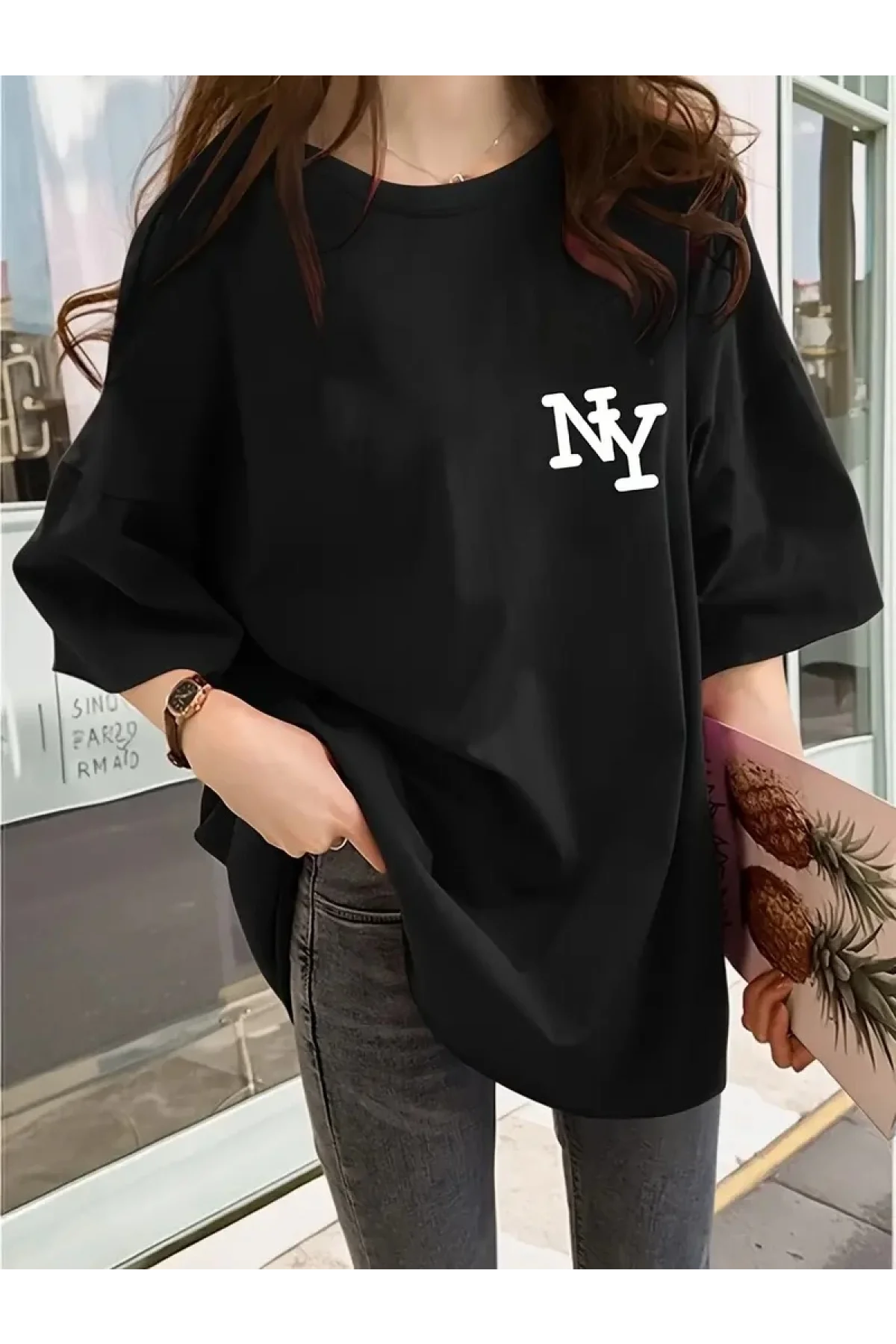 Kadın Eğlenceli Harf NY Baskılı Bisiklet Yaka Tişört - Rahat Polyester, Makinede Yıkanabilir - Yaz ve Fitness için Mükemmel, Yuvarlak Yaka - Siyah