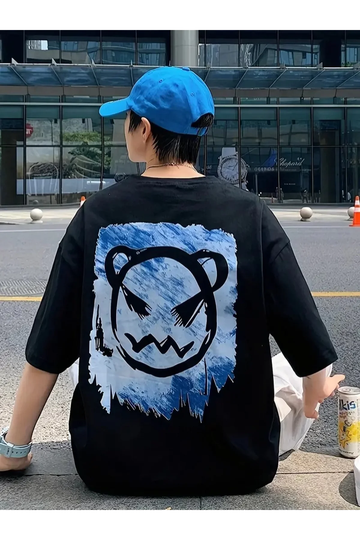 20/1 Penye Compack Bisiklet Yaka Kore tarzı sevimli ayı baskı Kısa Kol Erkek t-shirt - Siyah