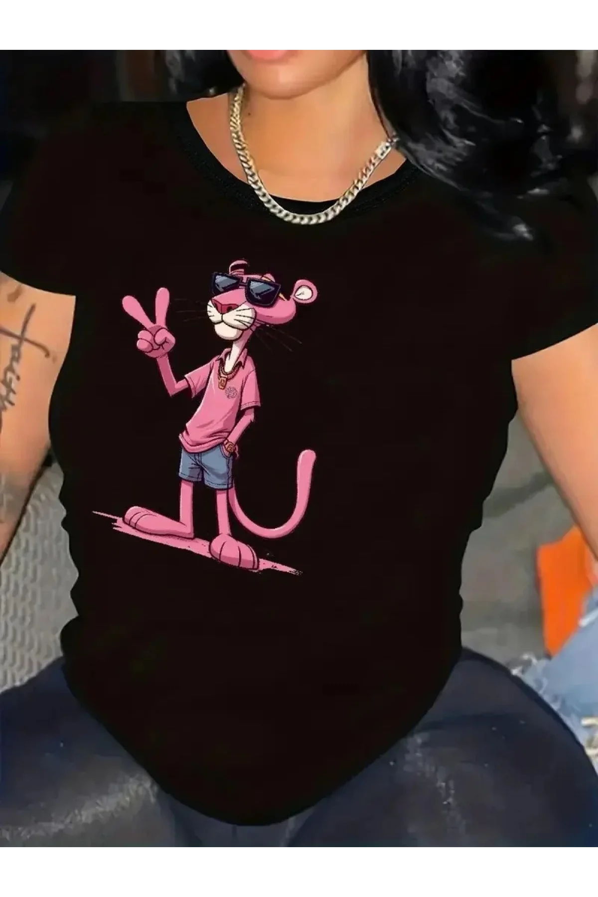 20/1 Penye Compack Pembe Panter Baskılı Oversize Bisiklet Yaka Kısa Kol Yazlık T-shirt - Beyaz