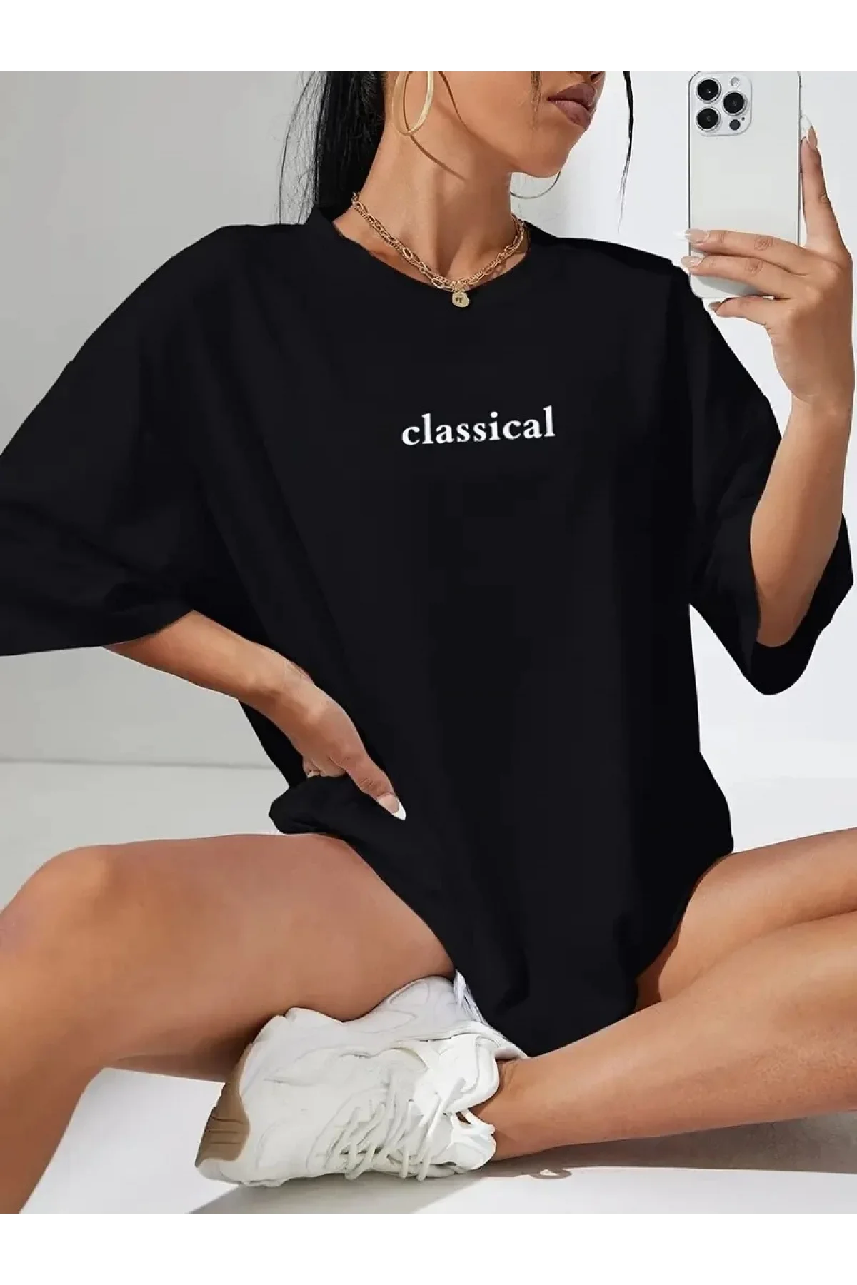 20/1 Penye Compack Classical Baskılı Siyah Oversize Tişort - Siyah