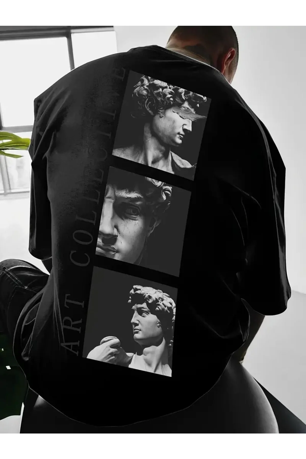 Benzersiz Sırt Baskılı Erkek Sokak Stili Bol Tişört - Nefes Alabilir Polyester, Makinede Yıkanabilir - Siyah