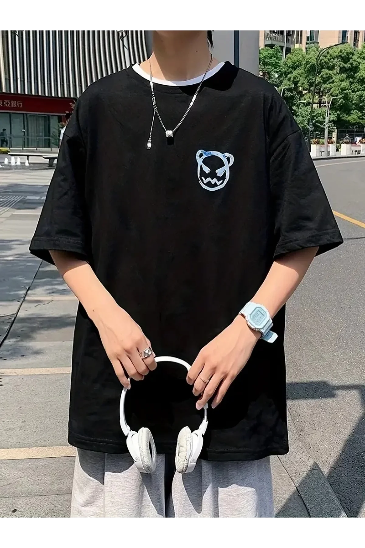 20/1 Penye Compack Bisiklet Yaka Kore tarzı sevimli ayı baskı Kısa Kol Erkek t-shirt - Siyah