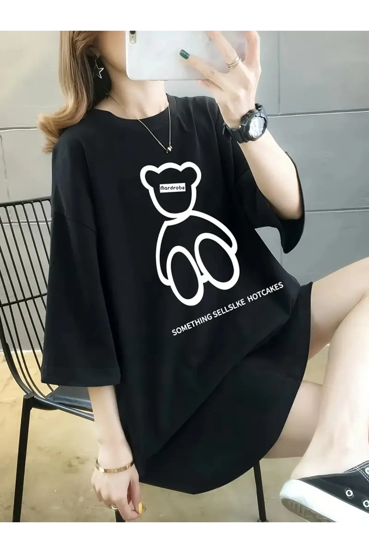 20/1 Penye Compack Ön Arka Baskılı Oversize Bisiklet Yaka T-shirt - Siyah