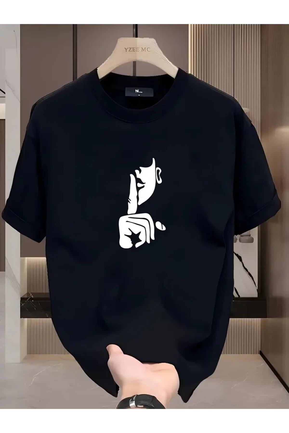 Rahat Bisiklet Yaka Tişört, Yaratıcı Karikatür Baskı - Yumuşak Polyester, Her Mevsim Giyilebilir- Siyah