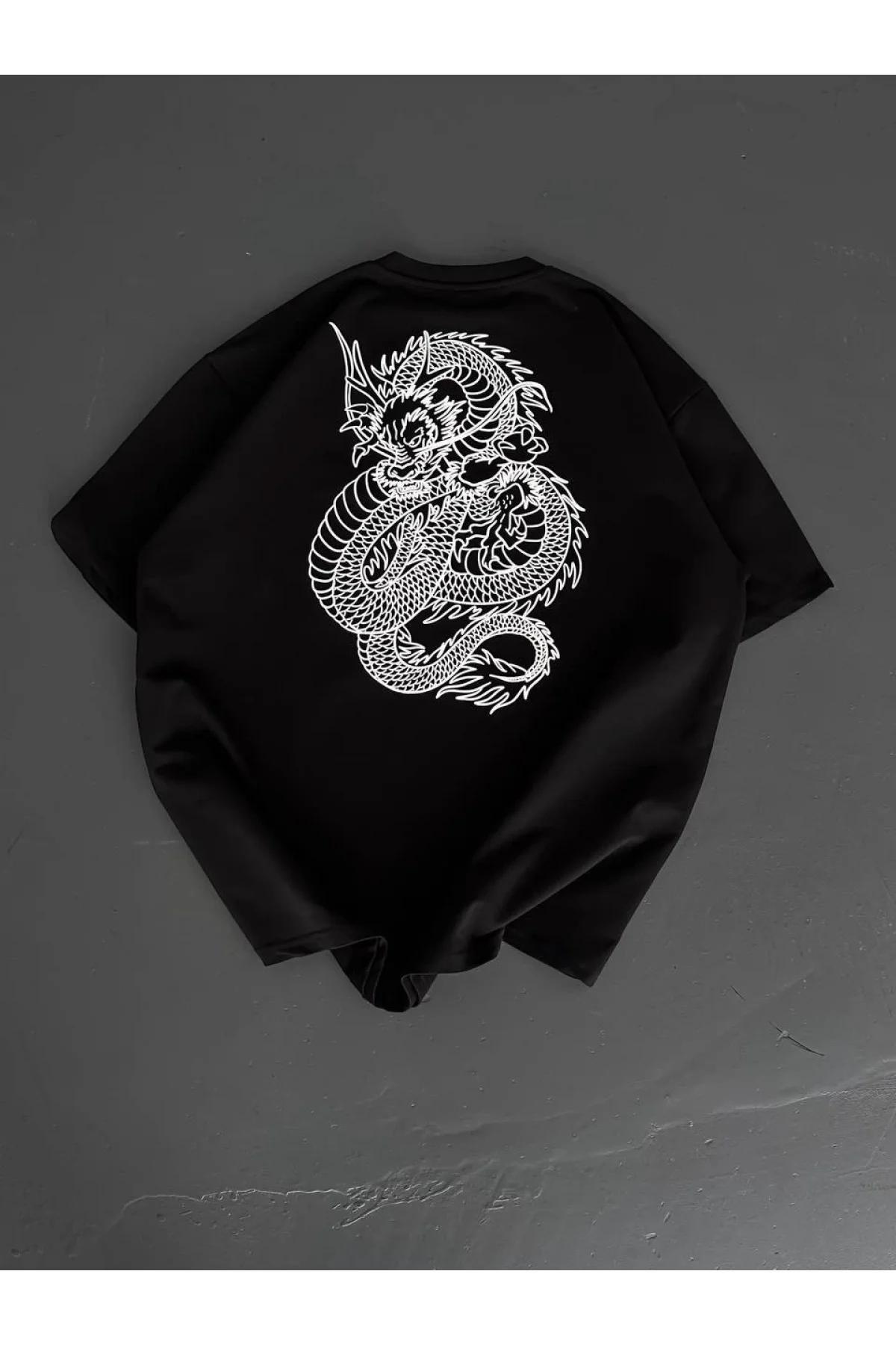 Baskılı Oversize Bisiklet Yaka T-shirt - Siyah