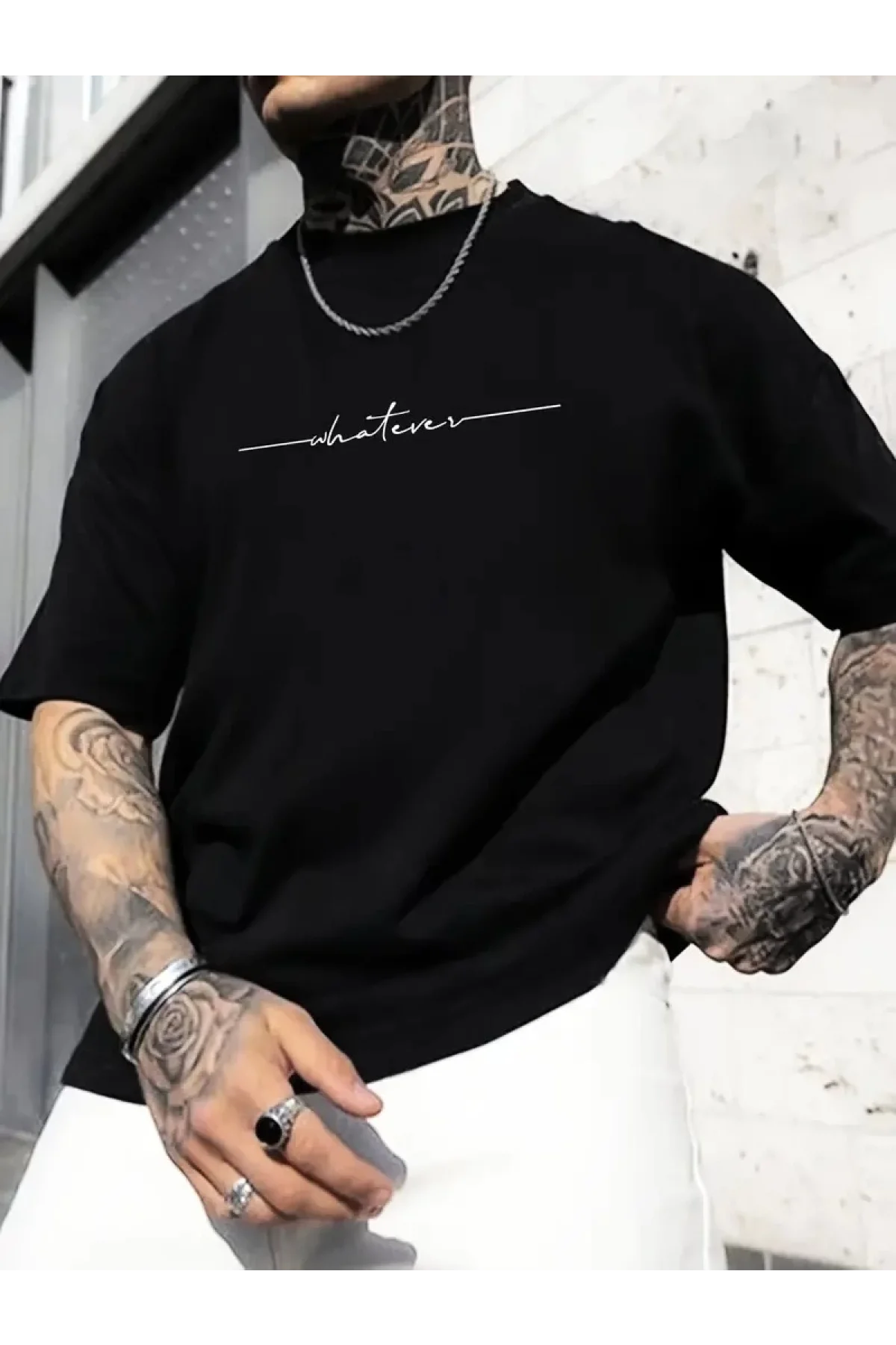 Büyük Beden Erkek Whatever Baskılı Tişört, Oversize Erkekler İçin Yaz Modası Kısa Kollu Tişörtler - Siyah