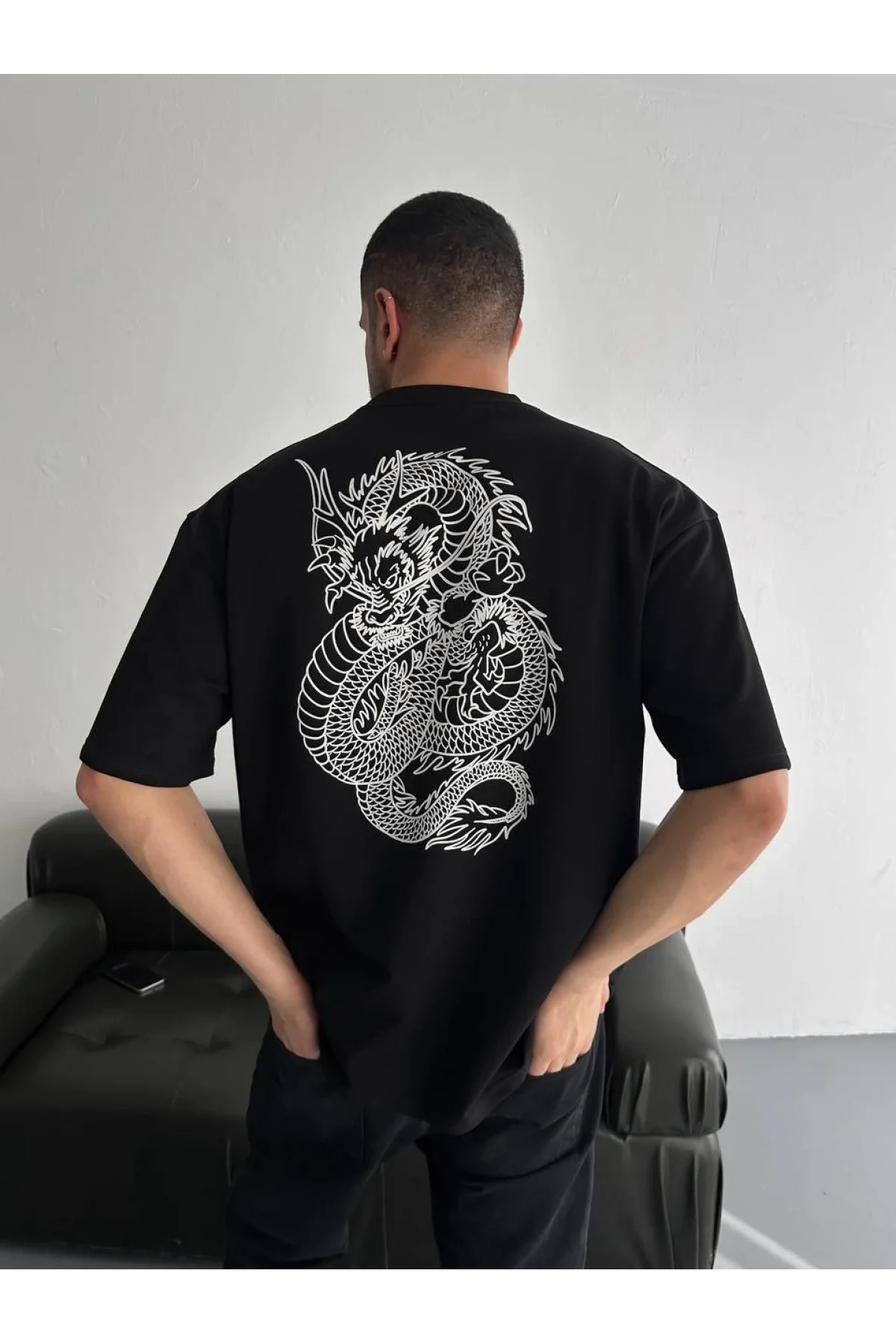 Baskılı Oversize Bisiklet Yaka T-shirt - Siyah