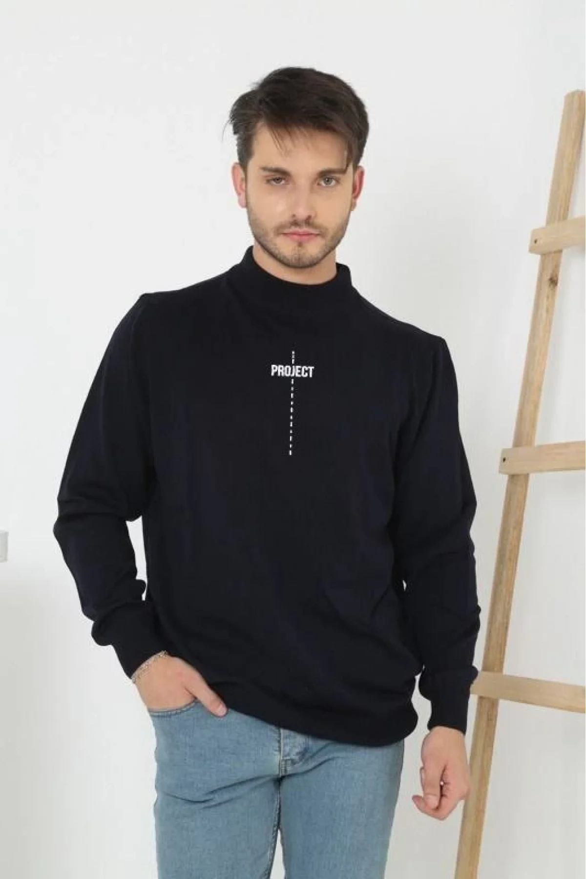 Erkek Yarım Bağazlı Kazak Baskılı Dokuma Triko - Siyah