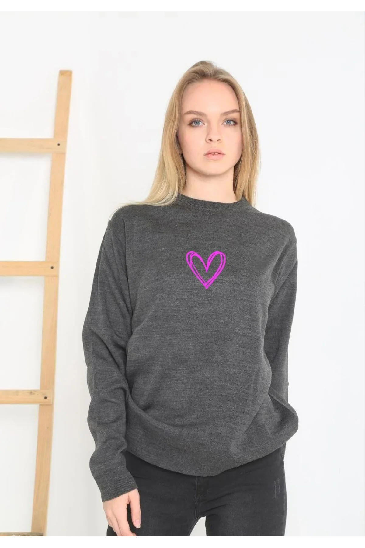 Baskılı Uzun Kol Bisiklet Yaka Dokuma Triko - Füme