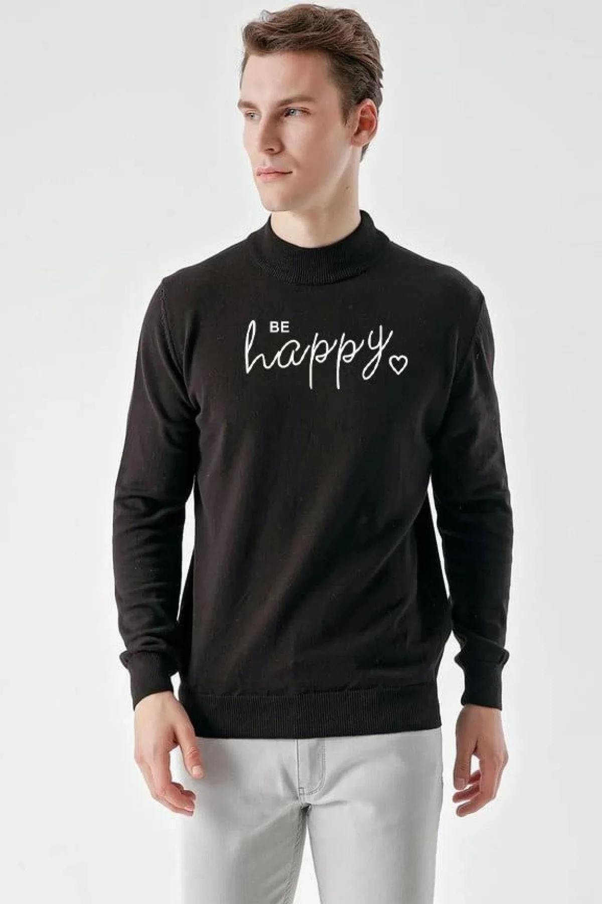 Erkek Yarım Bağazlı Kazak Baskılı Dokuma Triko - Siyah