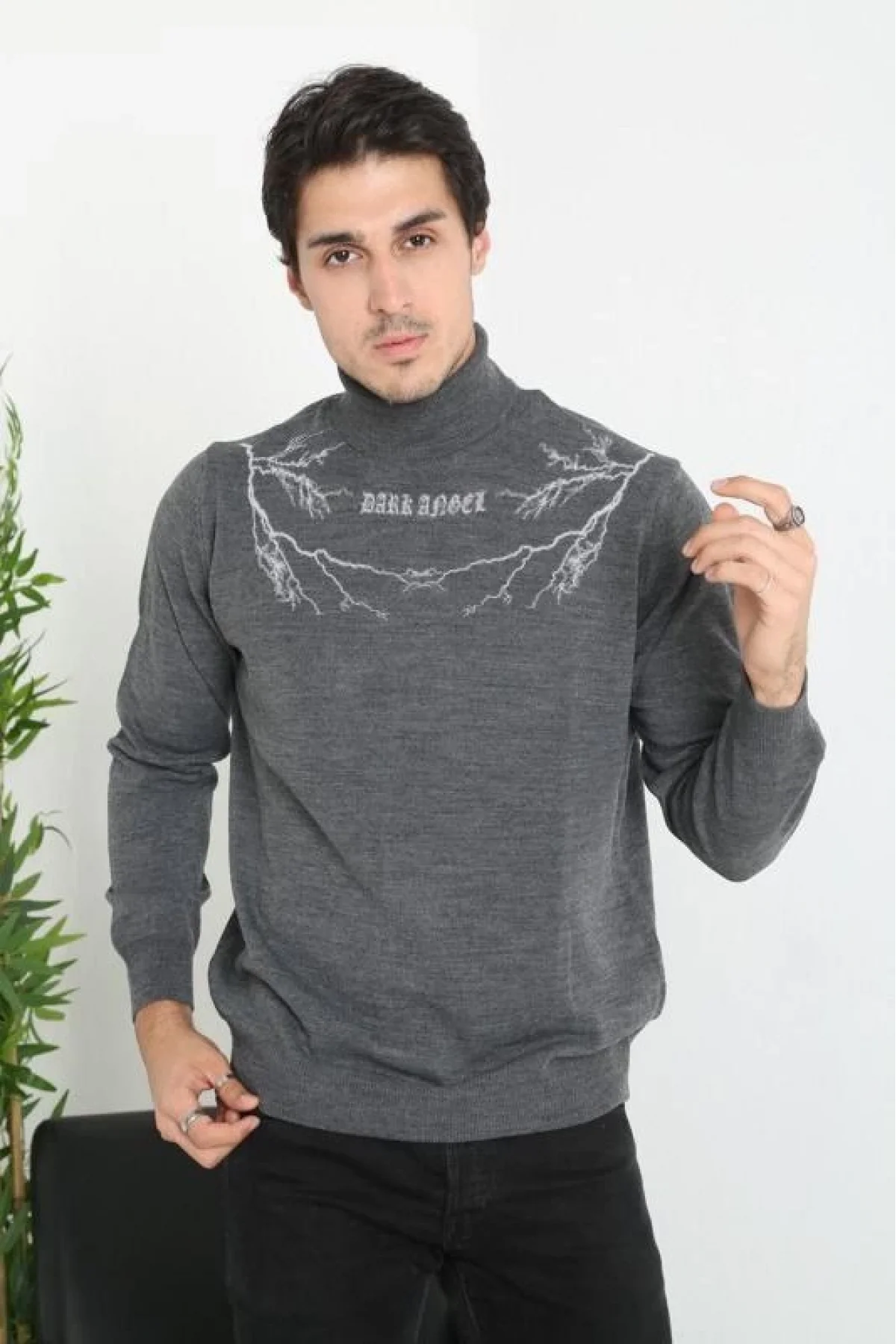 Erkek Yarım Bağazlı Kazak Baskılı Dokuma Triko - Antrasit