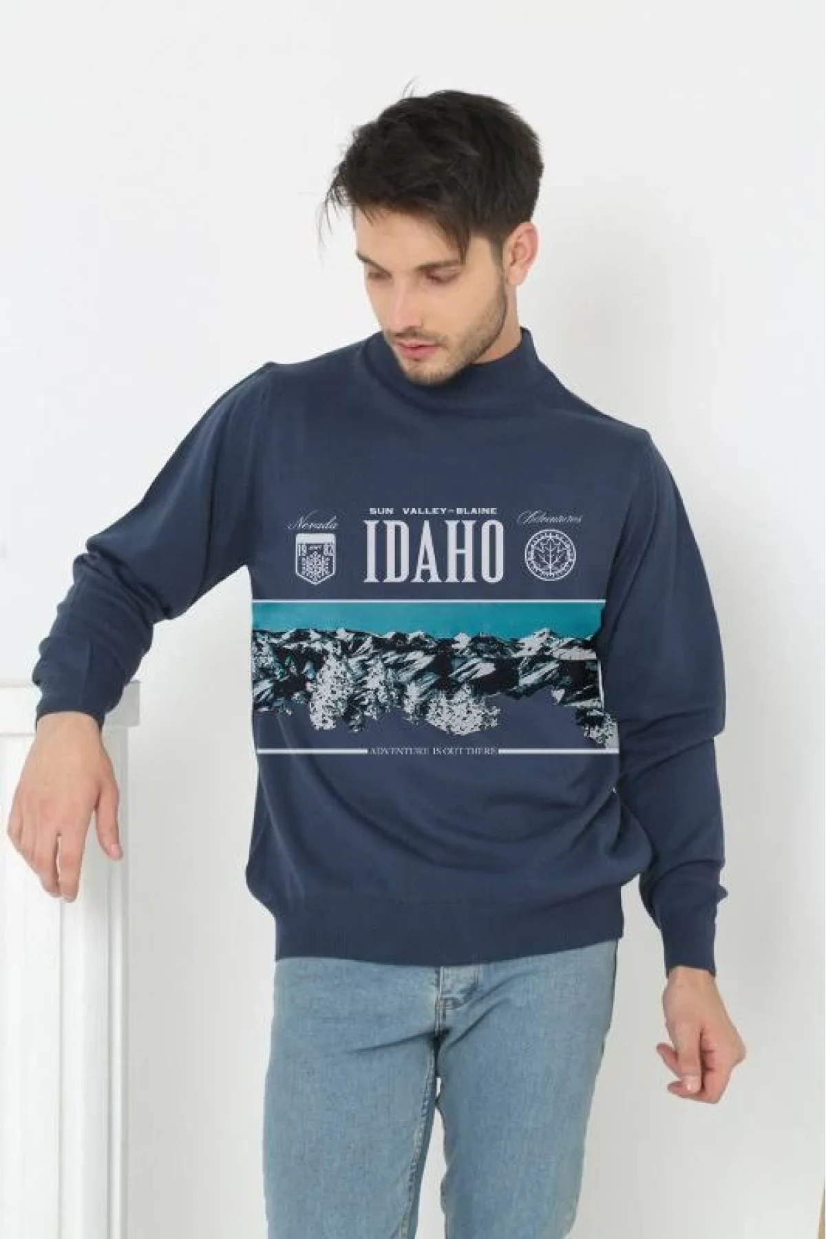 Erkek Yarım Bağazlı Kazak Baskılı Dokuma Triko - Indigo