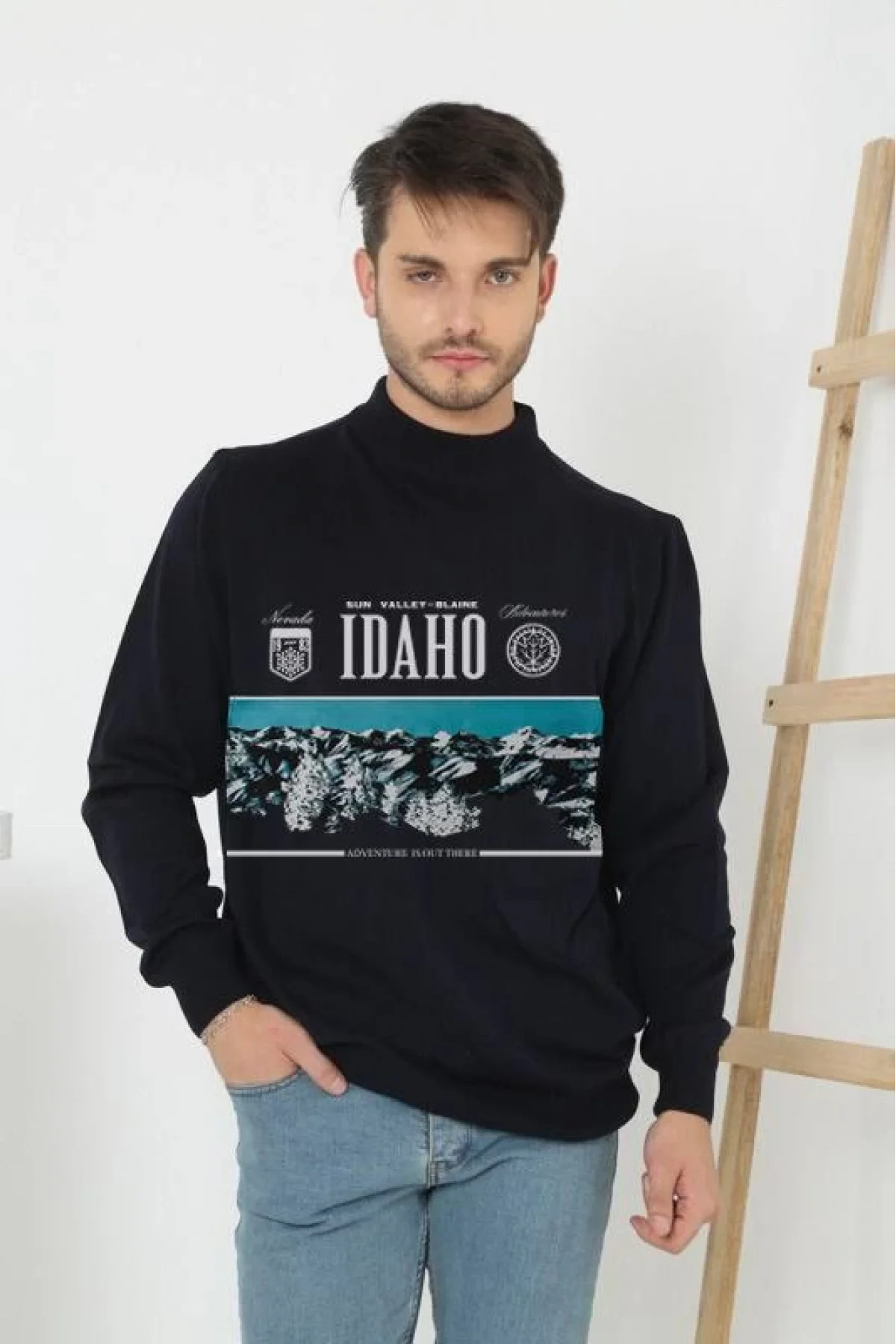 Erkek Yarım Bağazlı Kazak Baskılı Dokuma Triko - Siyah