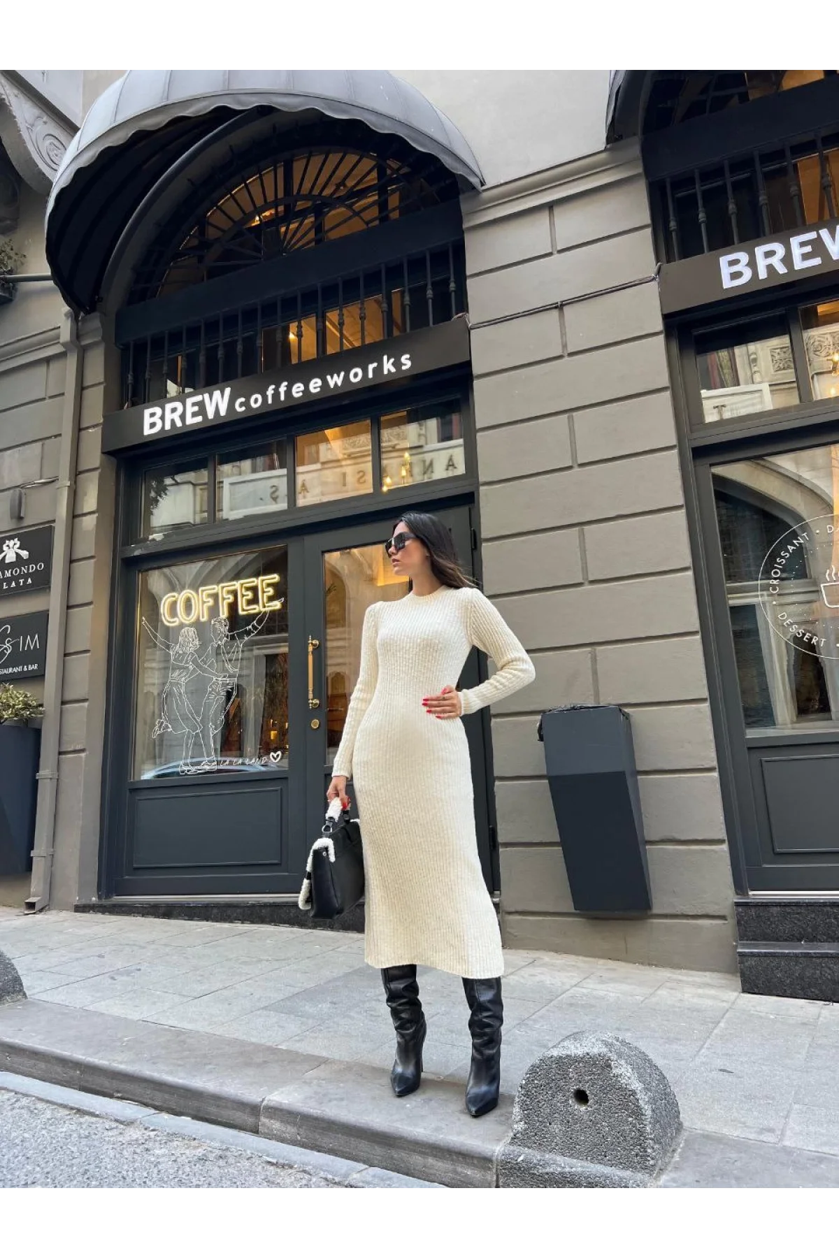 Bisiklet Yaka Fitilli Uzun Elbise - Beyaz