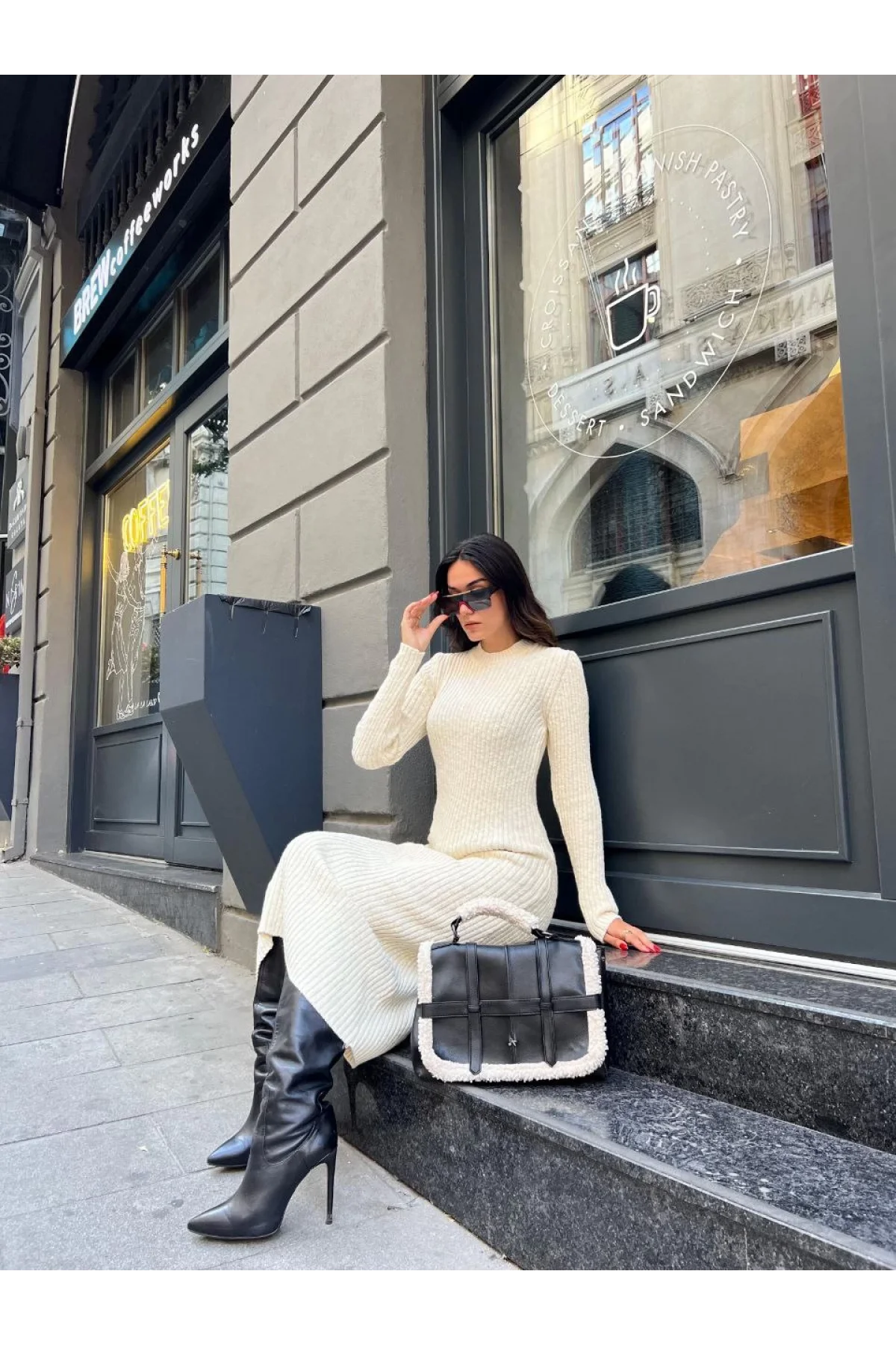 Bisiklet Yaka Fitilli Uzun Elbise - Beyaz