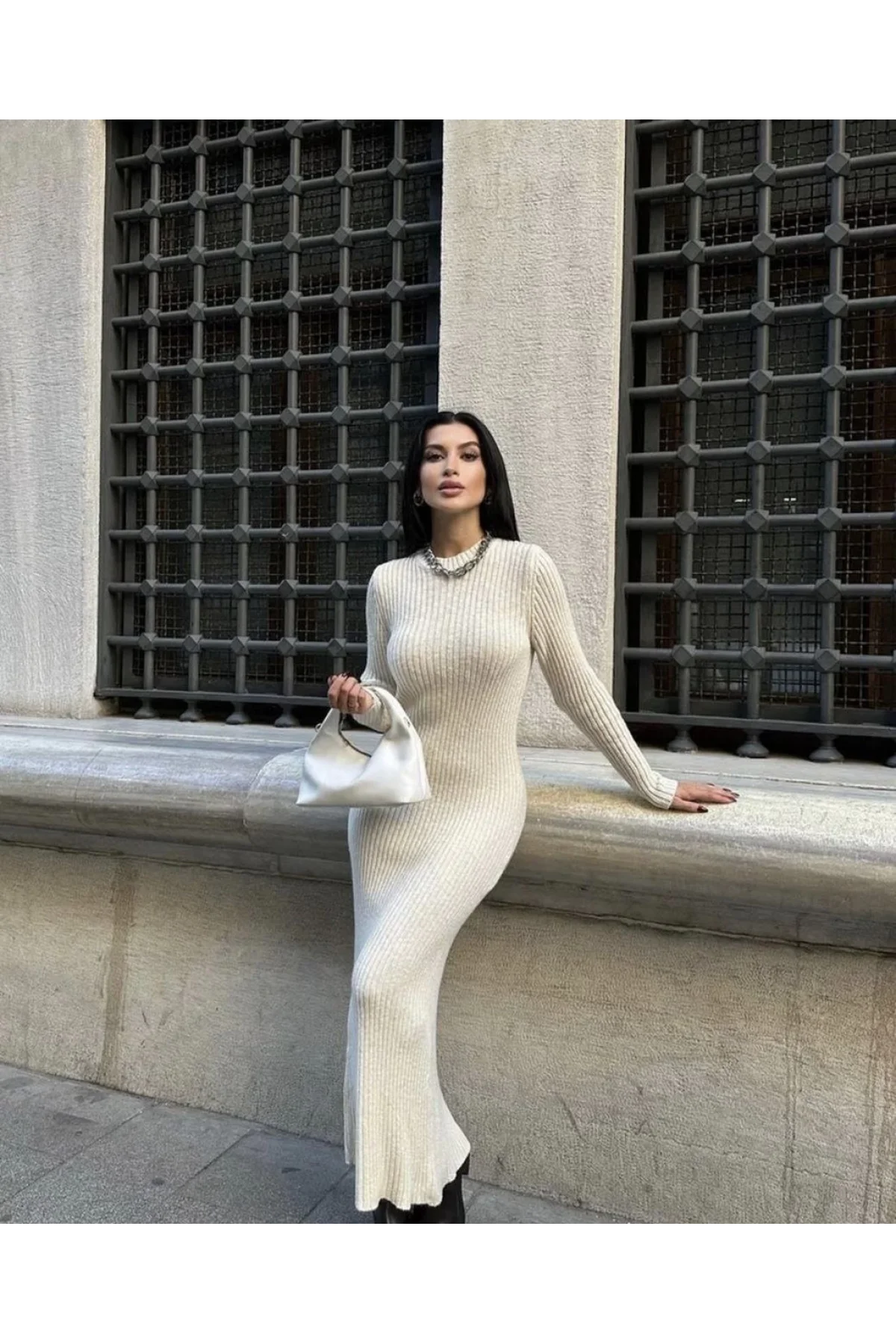 Bisiklet Yaka Fitilli Uzun Elbise - Beyaz