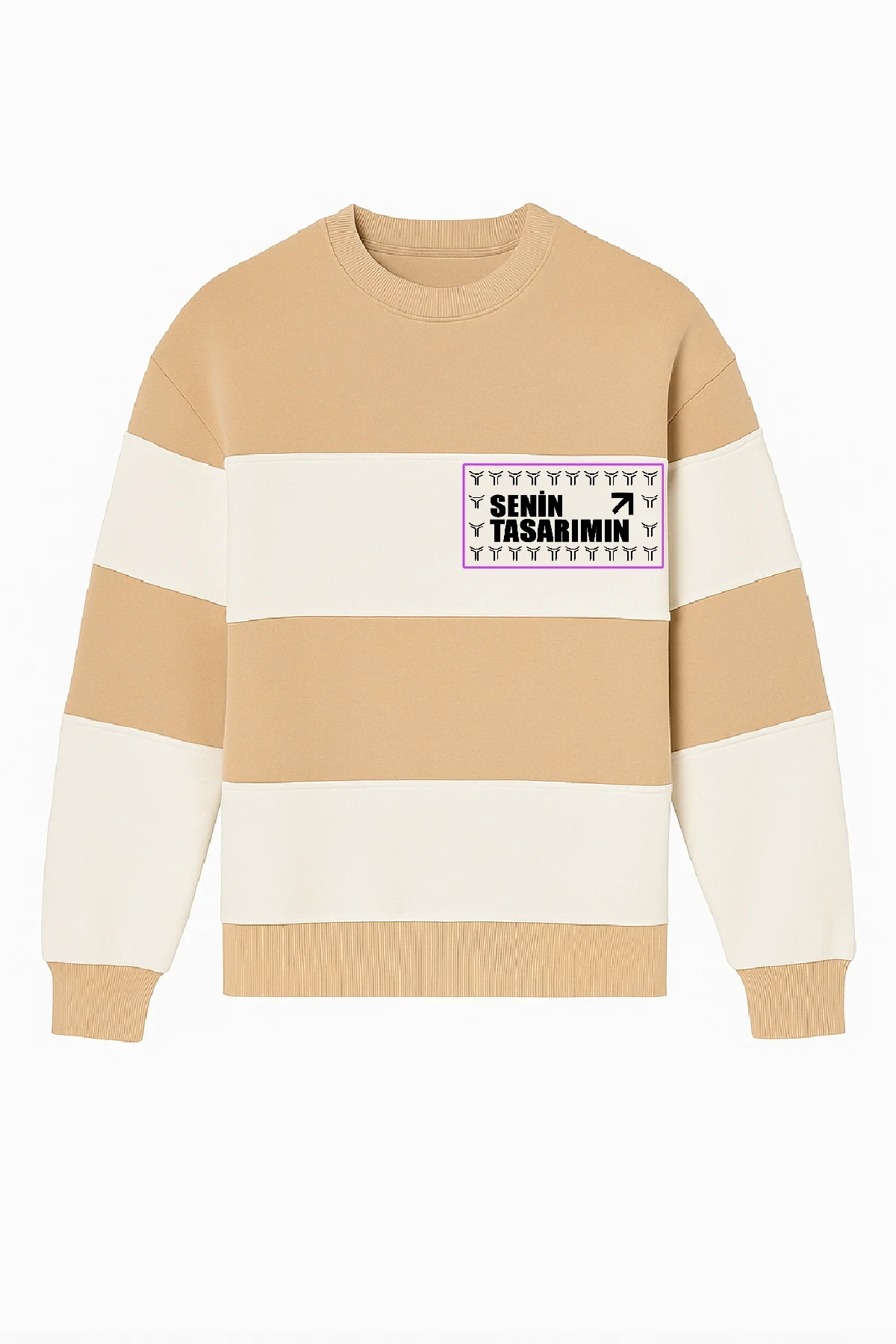 Ön Bisiklet Yaka Parçalı Sweatshirt - Bej