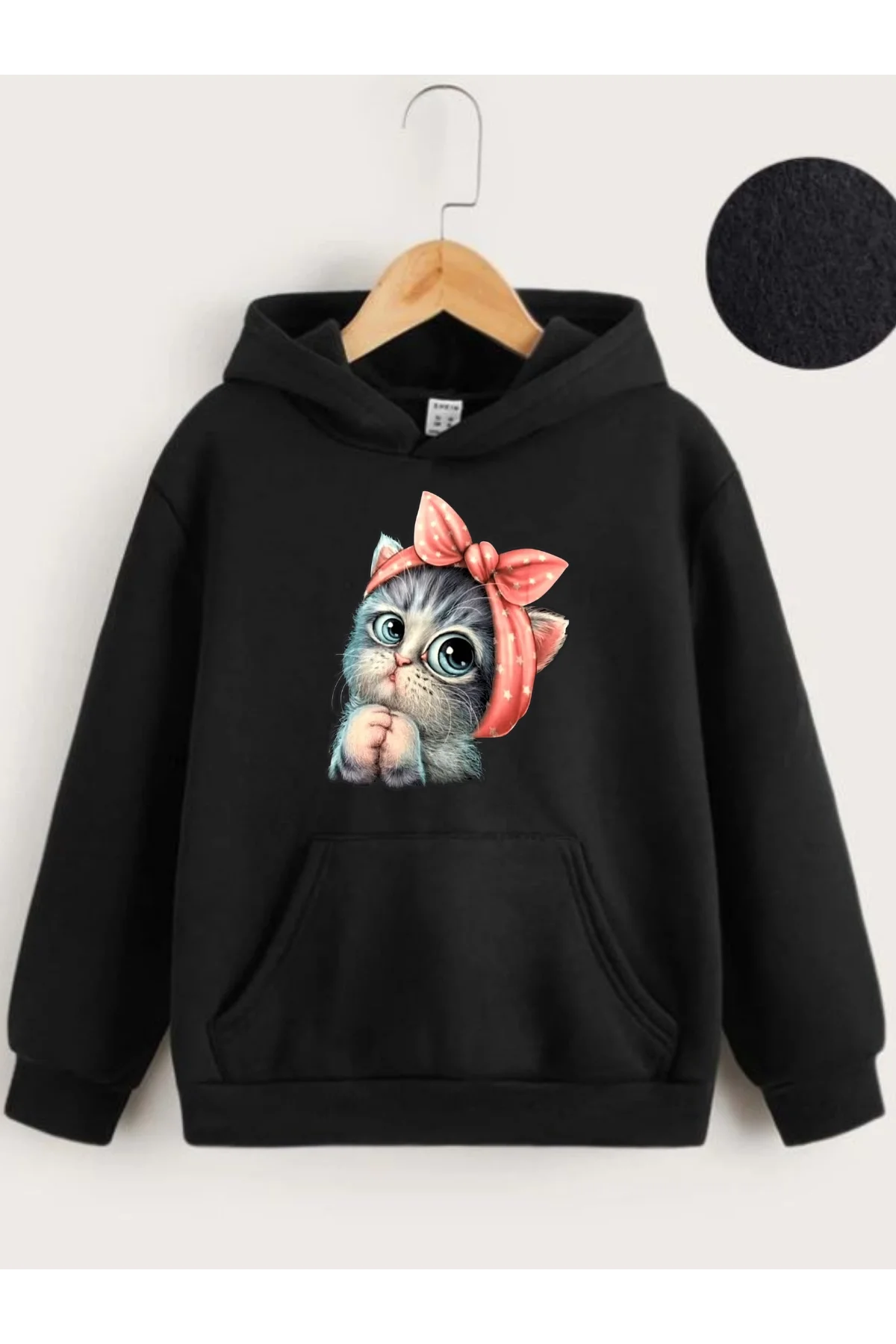 Çocuk Unisex Kapüşonlu Tatlı Kedi Baskılı Sweatshirt - Siyah