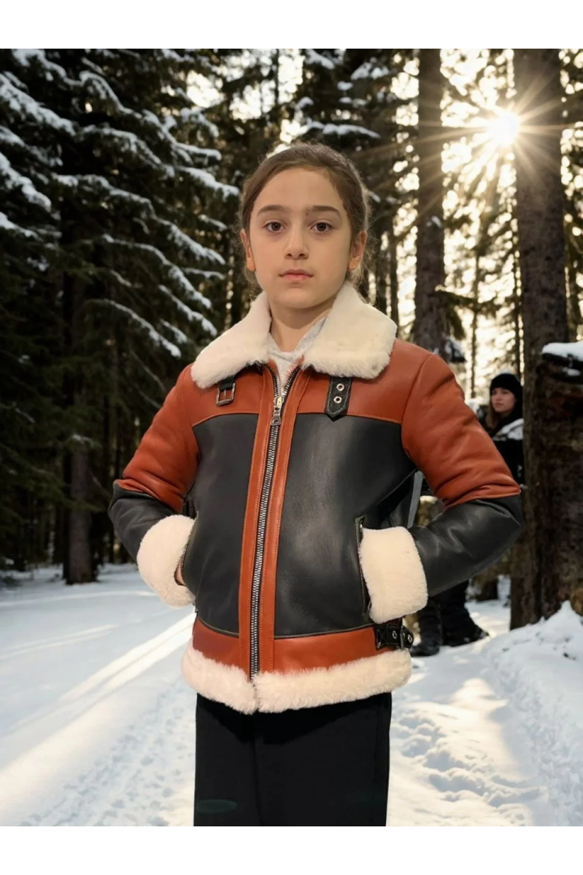 Çocuk Yakalı Parçalı Kürk - Kiremit