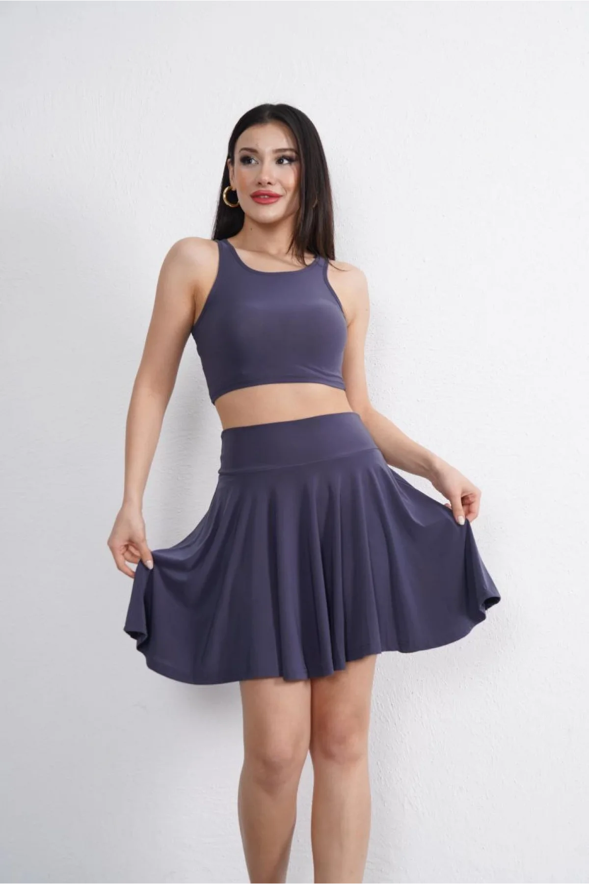 Sendy Kumaş Bisiklet Yaka Crop Şortlu Etek ikili Takım - Antrasit