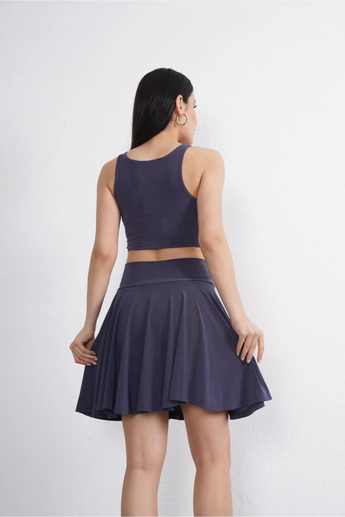 Sendy Kumaş Bisiklet Yaka Crop Şortlu Etek ikili Takım - Antrasit