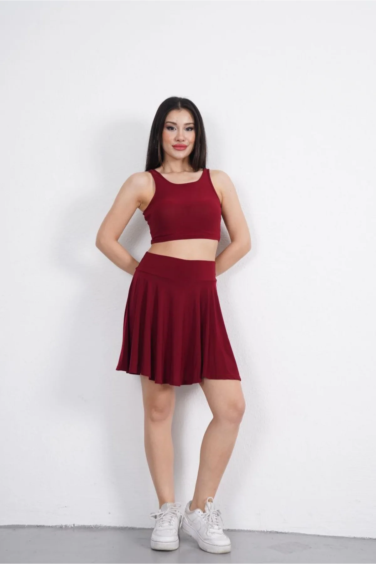 Sendy Kumaş Bisiklet Yaka Crop Şortlu Etek ikili Takım - Bordo