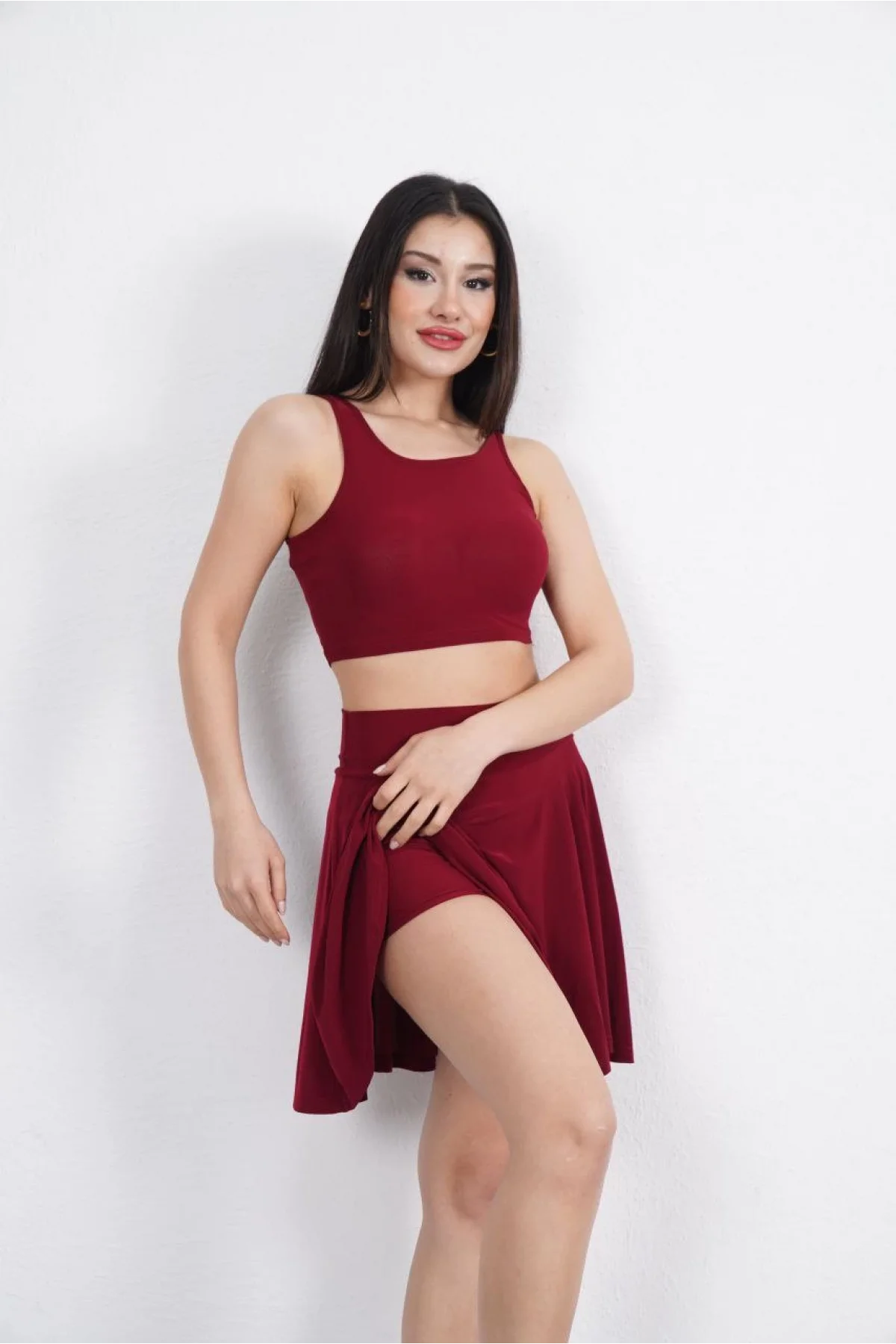 Sendy Kumaş Bisiklet Yaka Crop Şortlu Etek ikili Takım - Bordo