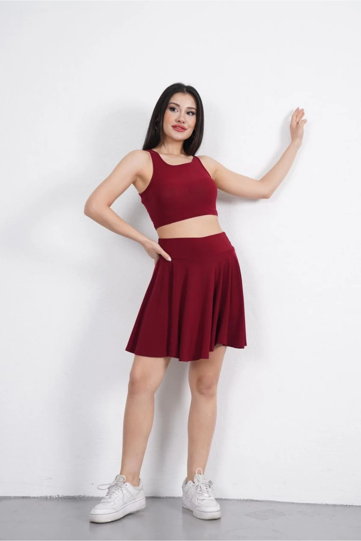 Sendy Kumaş Bisiklet Yaka Crop Şortlu Etek ikili Takım - Bordo