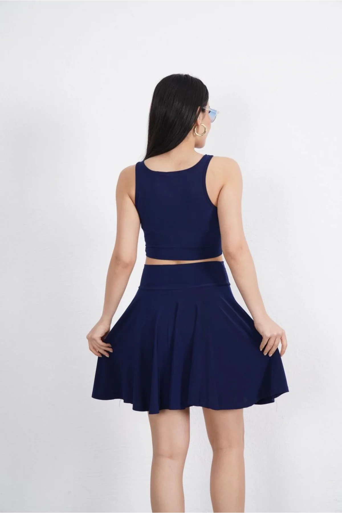 Sendy Kumaş Bisiklet Yaka Crop Şortlu Etek ikili Takım - Lacivert