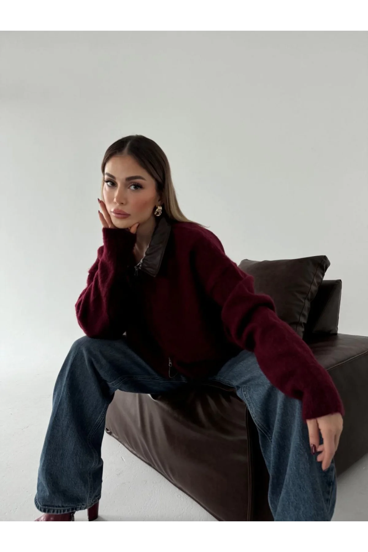 Deri Yakalı Pamuk dokulu Çift Taraflı Çalışan Fermuar Ceket - Bordo