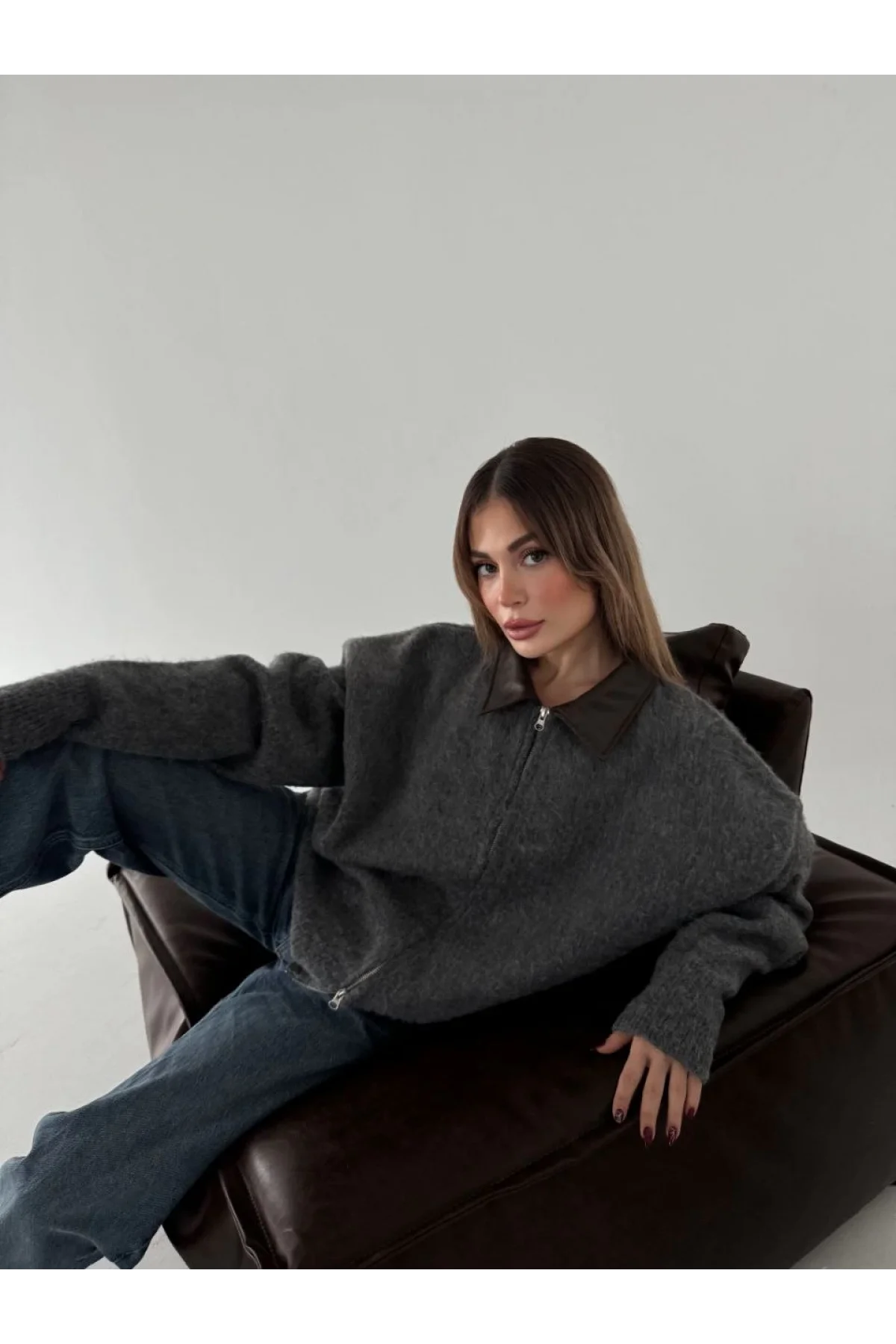 Deri Yakalı Pamuk dokulu Çift Taraflı Çalışan Fermuar Ceket - Füme