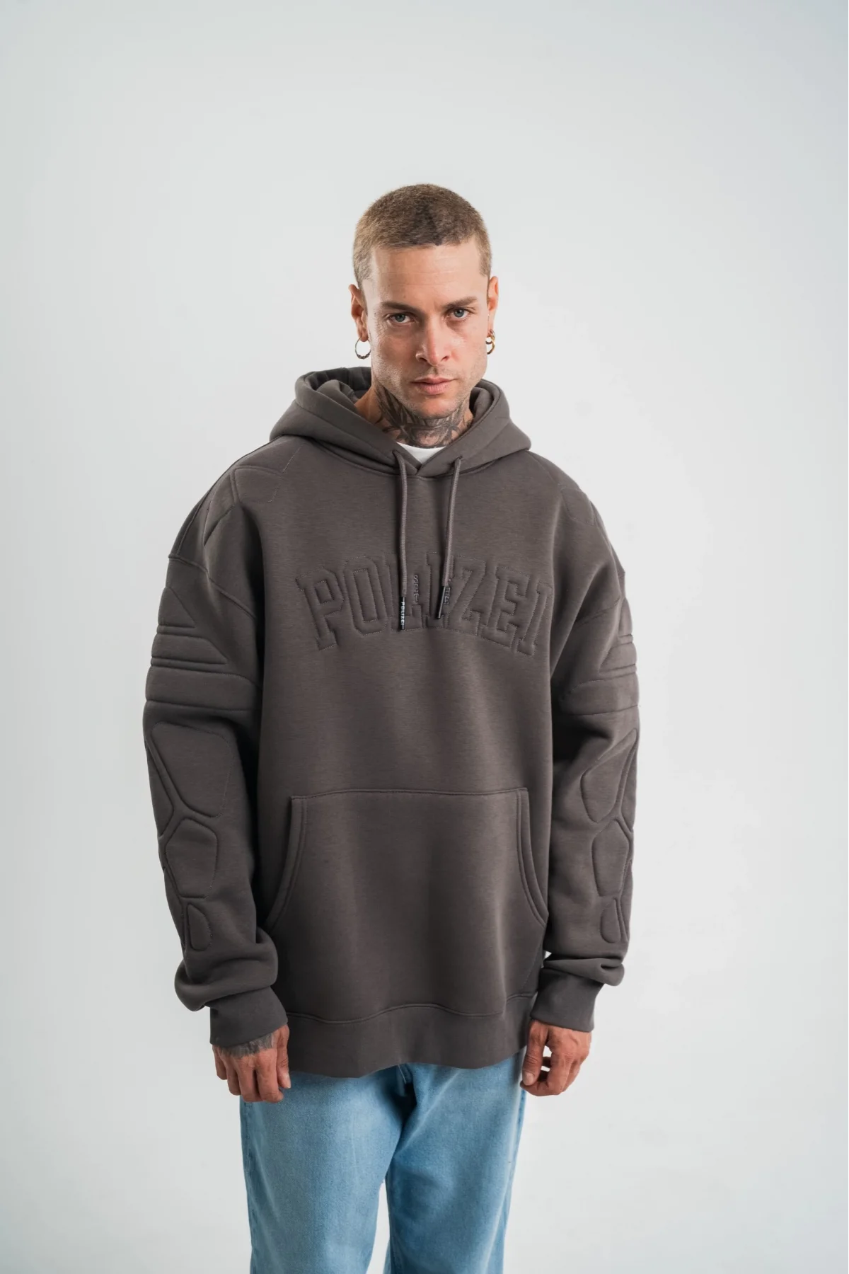 Double Oversize Kapşonlu Nakışlı SweatShirt - Füme