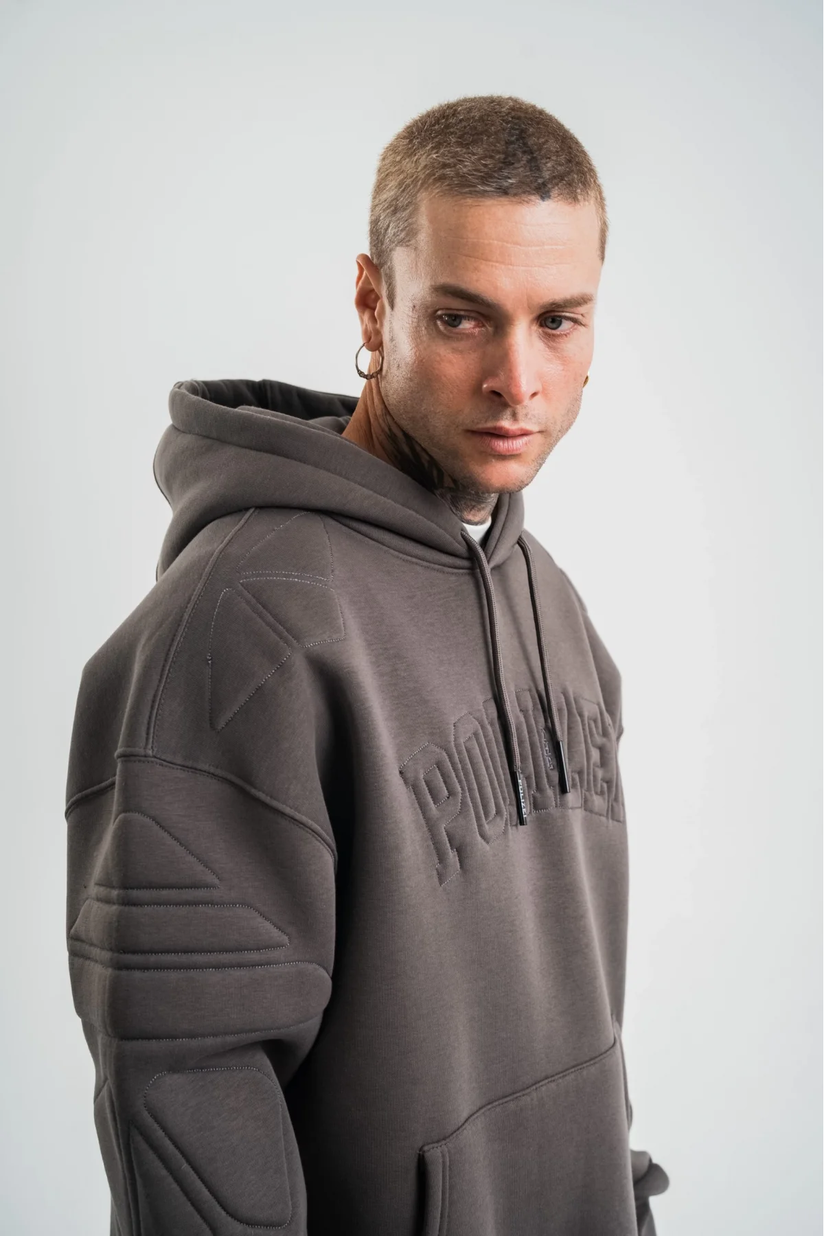 Double Oversize Kapşonlu Nakışlı SweatShirt - Füme