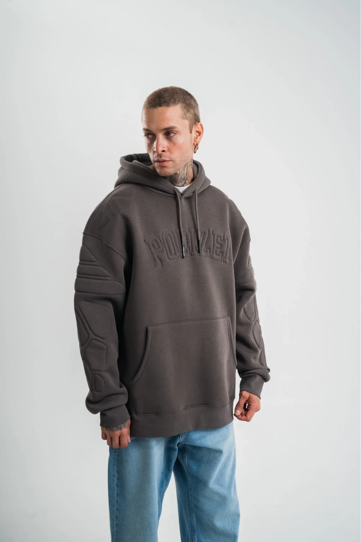 Double Oversize Kapşonlu Nakışlı SweatShirt - Füme