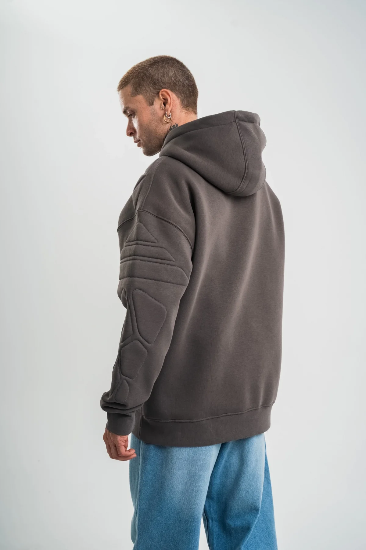 Double Oversize Kapşonlu Nakışlı SweatShirt - Füme