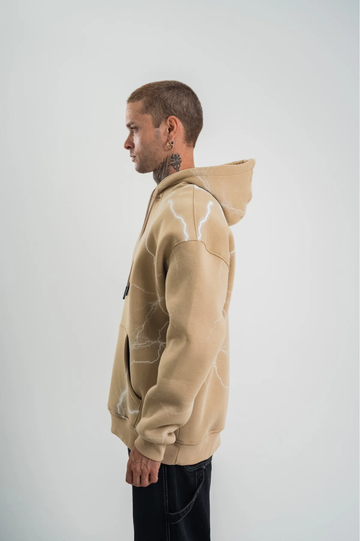 Double Oversize Kapşonlu Şimşek Pano Baskılı SweatShirt - Bej