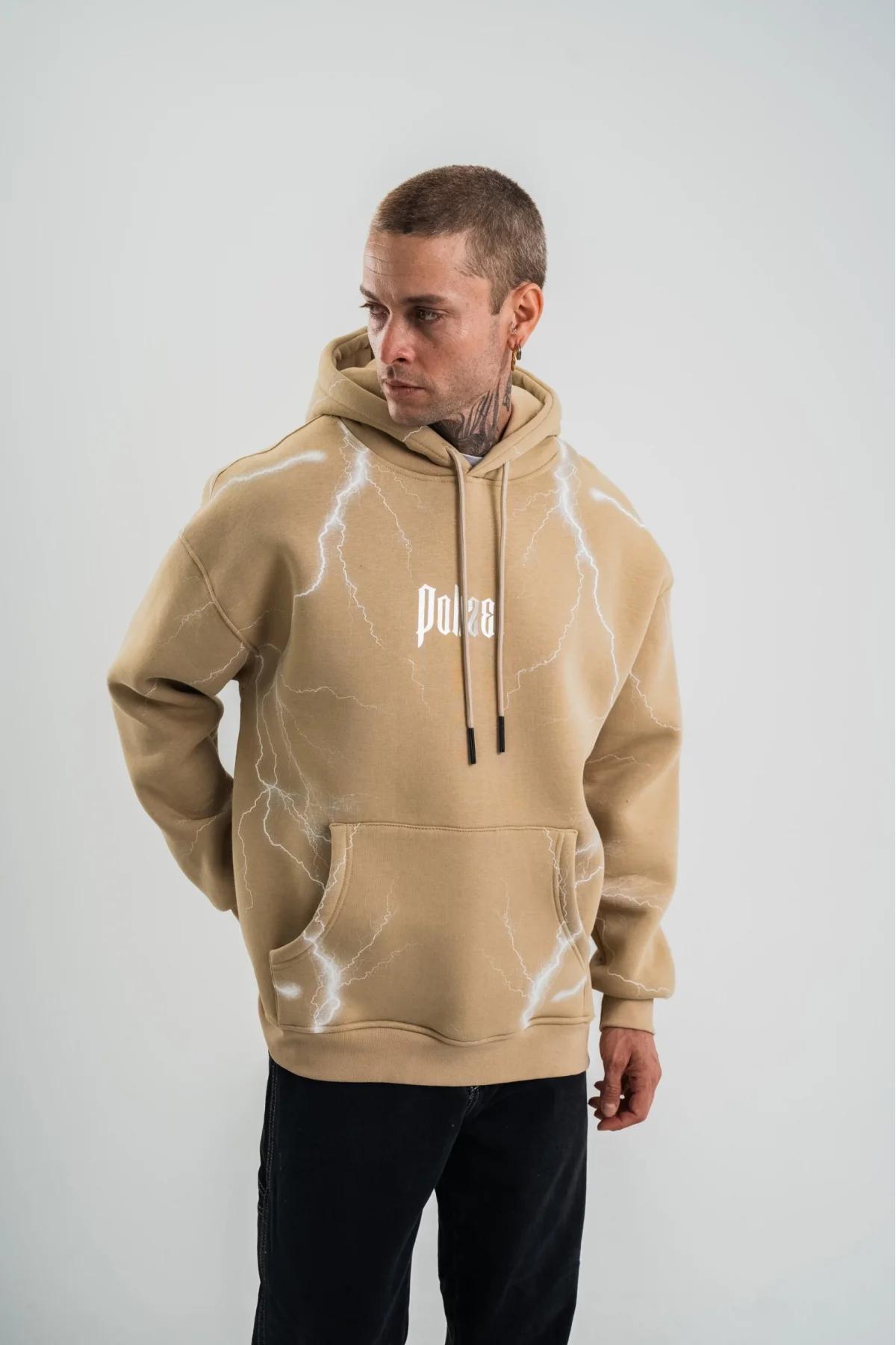 Double Oversize Kapşonlu Şimşek Pano Baskılı SweatShirt - Bej