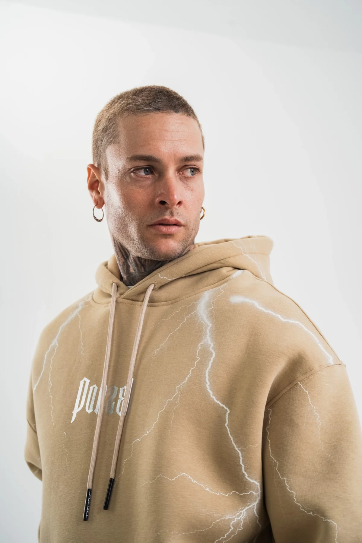 Double Oversize Kapşonlu Şimşek Pano Baskılı SweatShirt - Bej