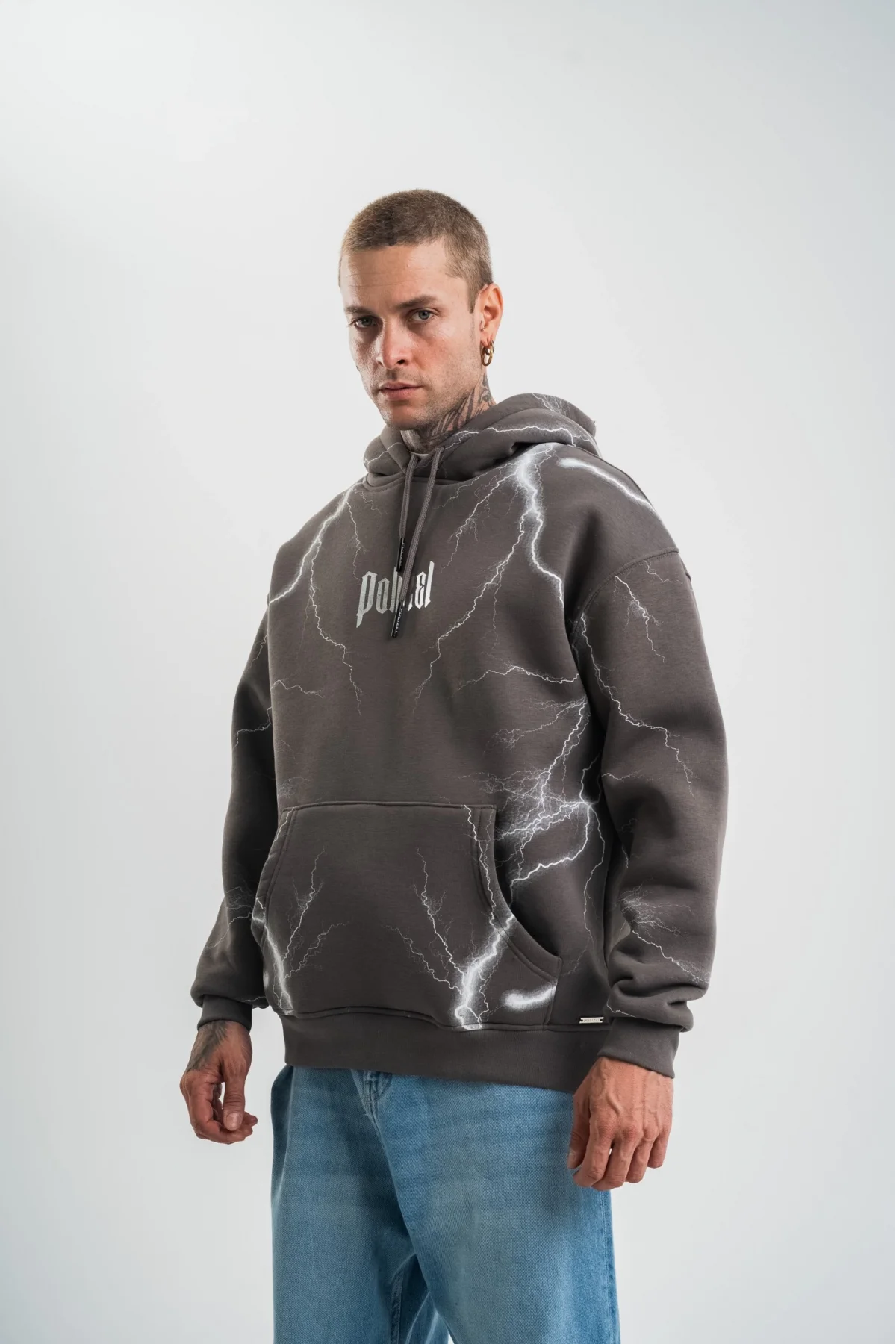 Double Oversize Kapşonlu Şimşek Pano Baskılı SweatShirt - Füme