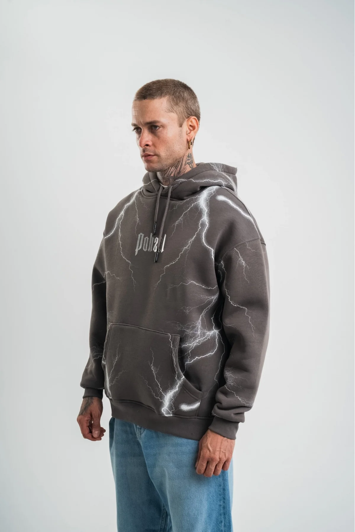 Double Oversize Kapşonlu Şimşek Pano Baskılı SweatShirt - Füme