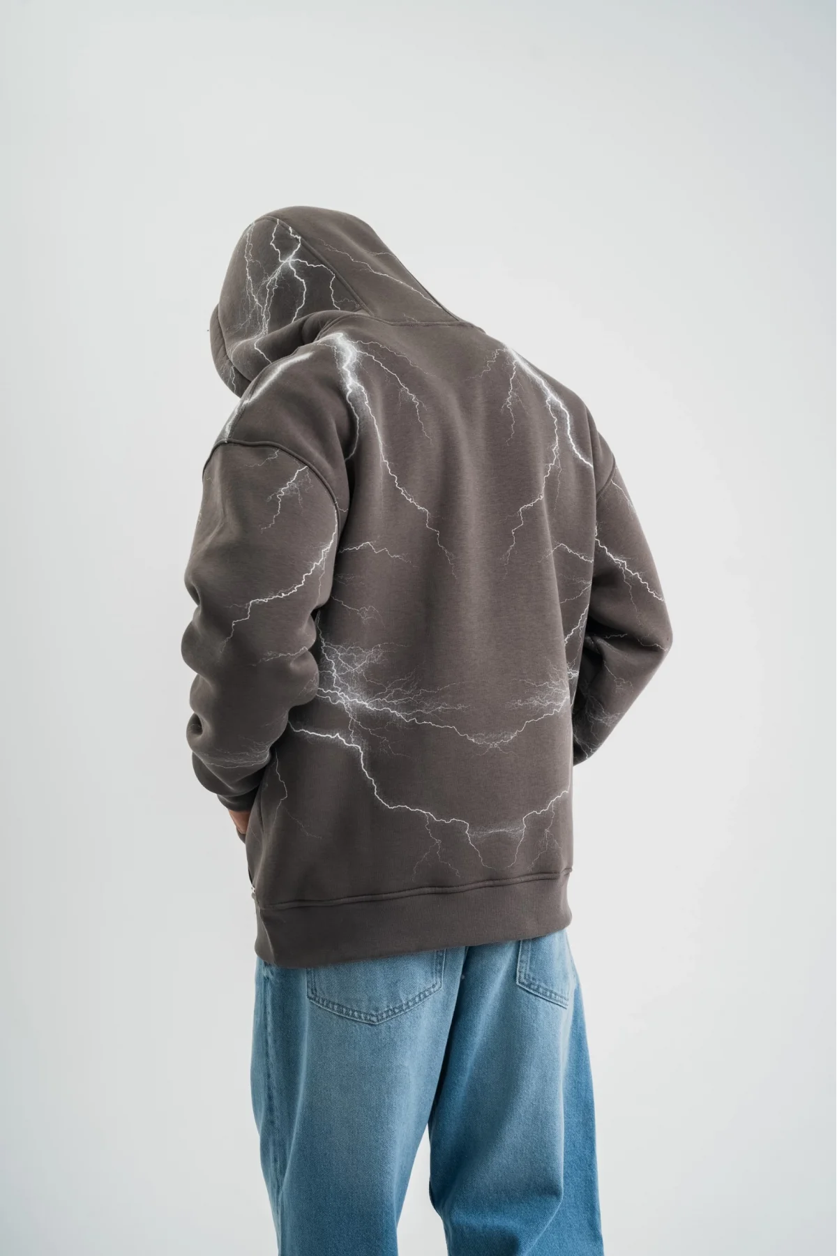 Double Oversize Kapşonlu Şimşek Pano Baskılı SweatShirt - Füme