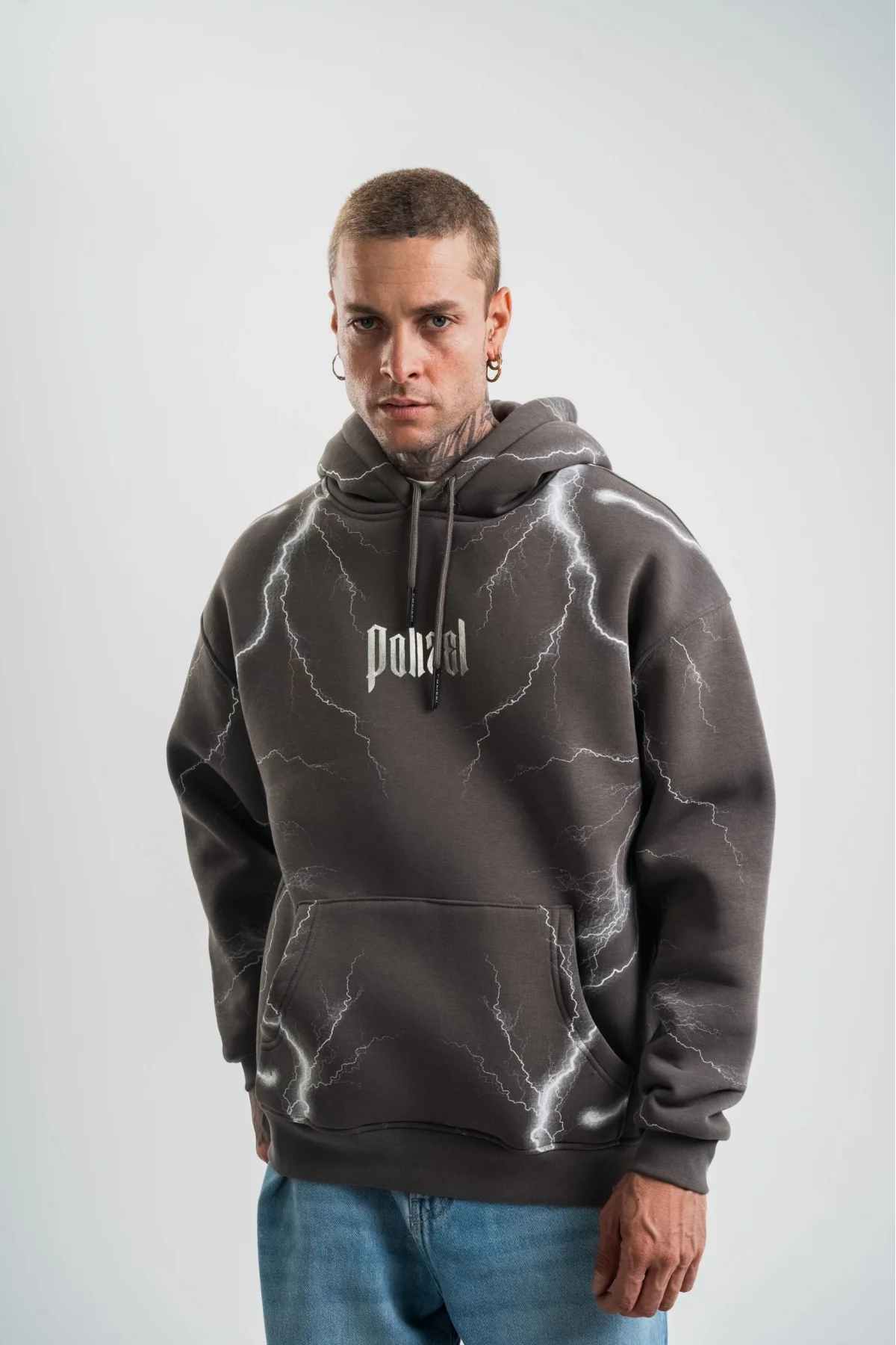 Double Oversize Kapşonlu Şimşek Pano Baskılı SweatShirt - Füme